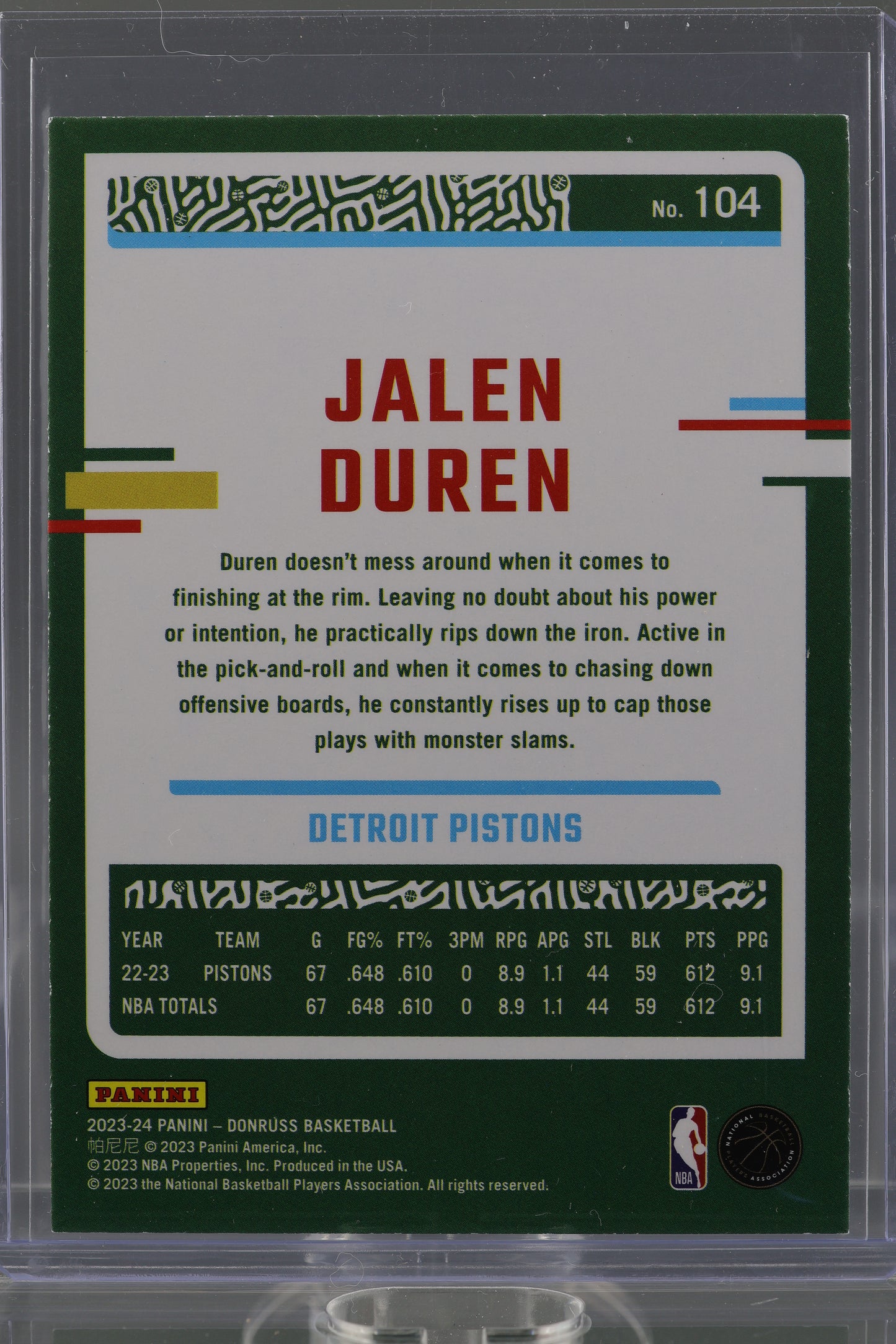 Jalen Duren 2023 Donruss Green Laser Holo  #104        Detroit Pistons