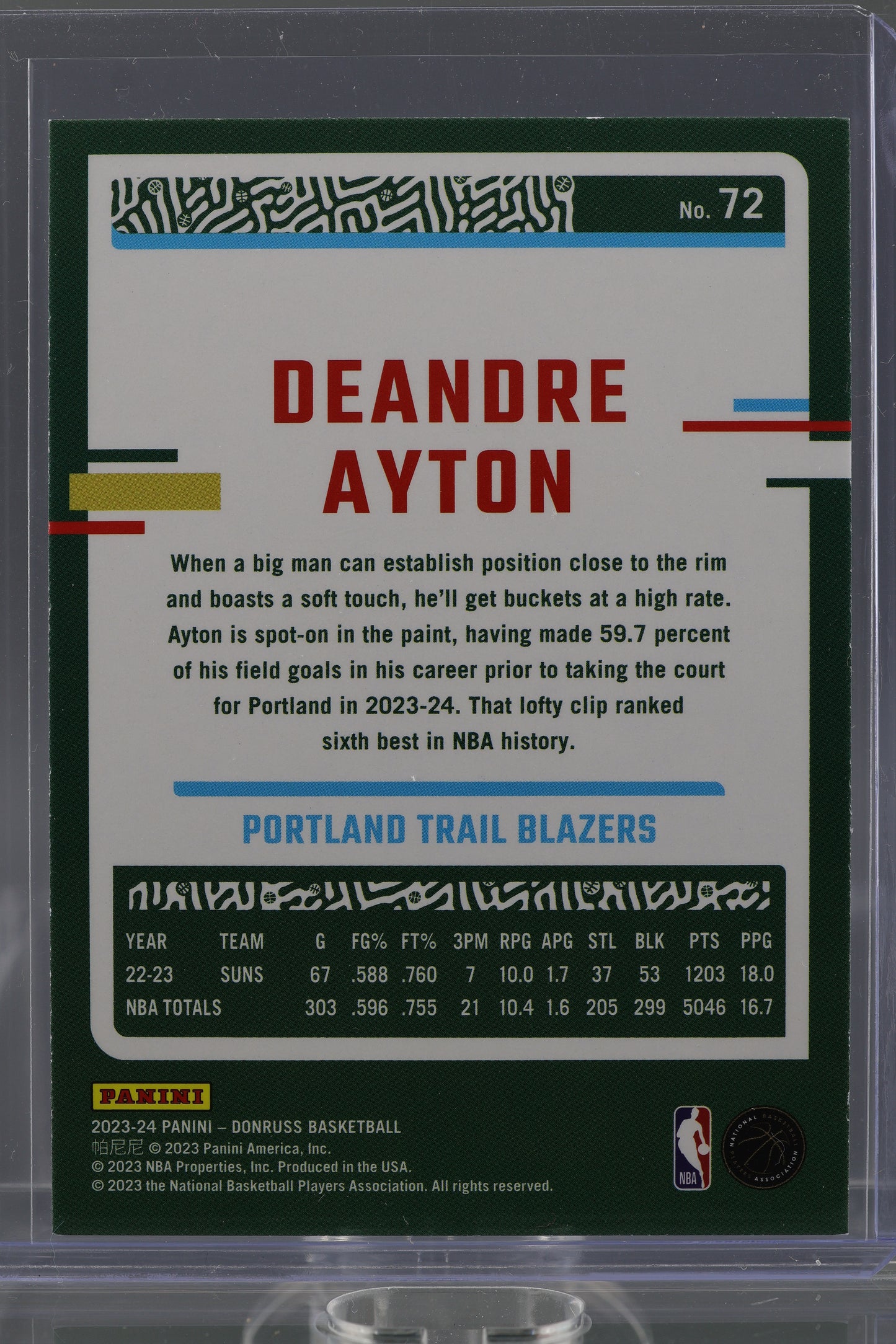 Deandre Ayton 2023 Donruss Green Laser Holo  #72        Portland Trail Blazers