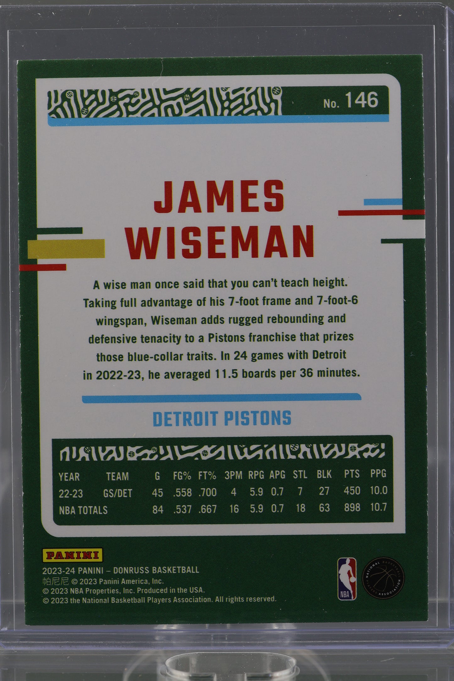 James Wiseman 2023 Donruss Green Laser Holo  #146        Detroit Pistons