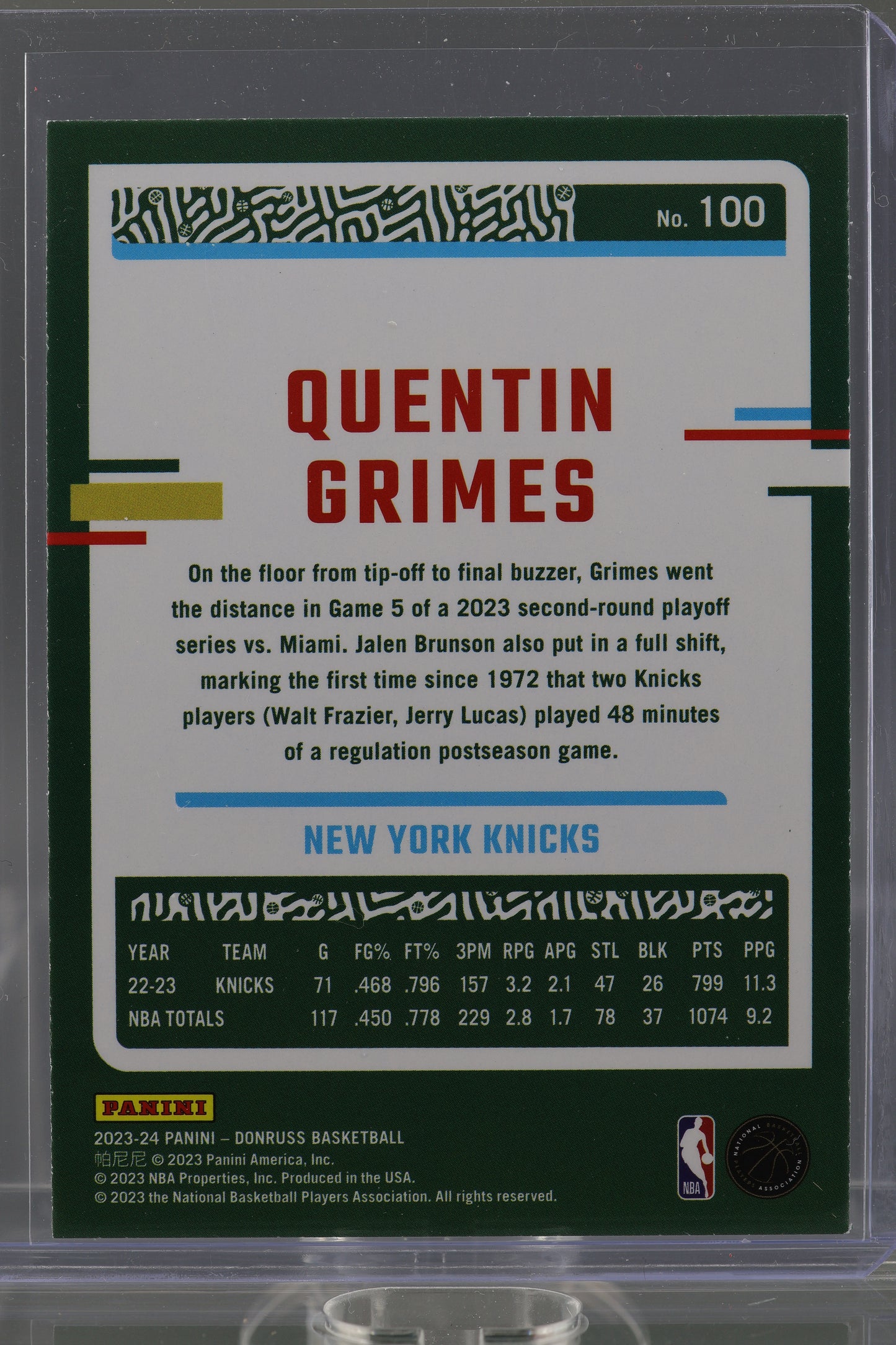 Quentin Grimes 2023 Donruss Green Laser Holo  #100        New York Knicks