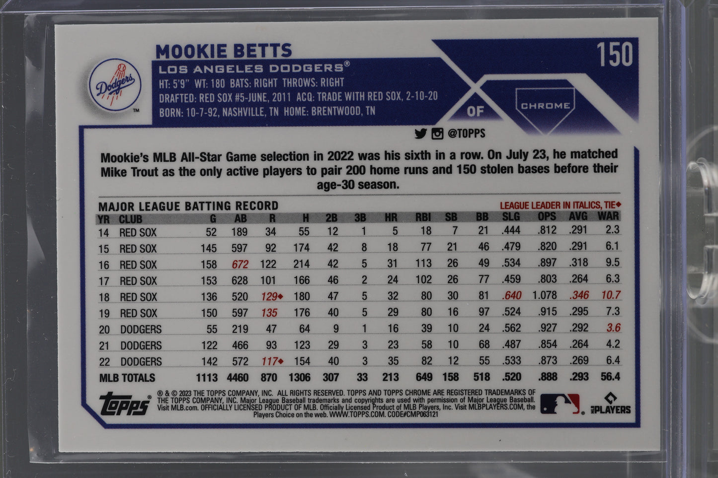 Mookie Betts 2023 Topps Chrome  #150        Los Angeles Dodgers