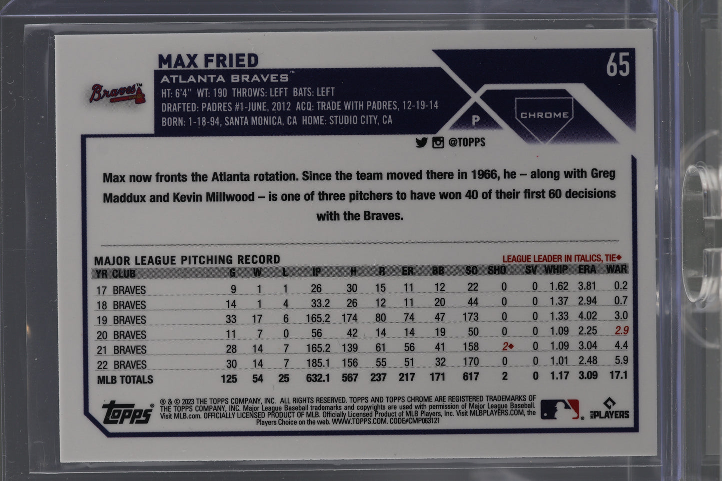 Max Fried 2023 Topps Chrome  #65        Atlanta Braves