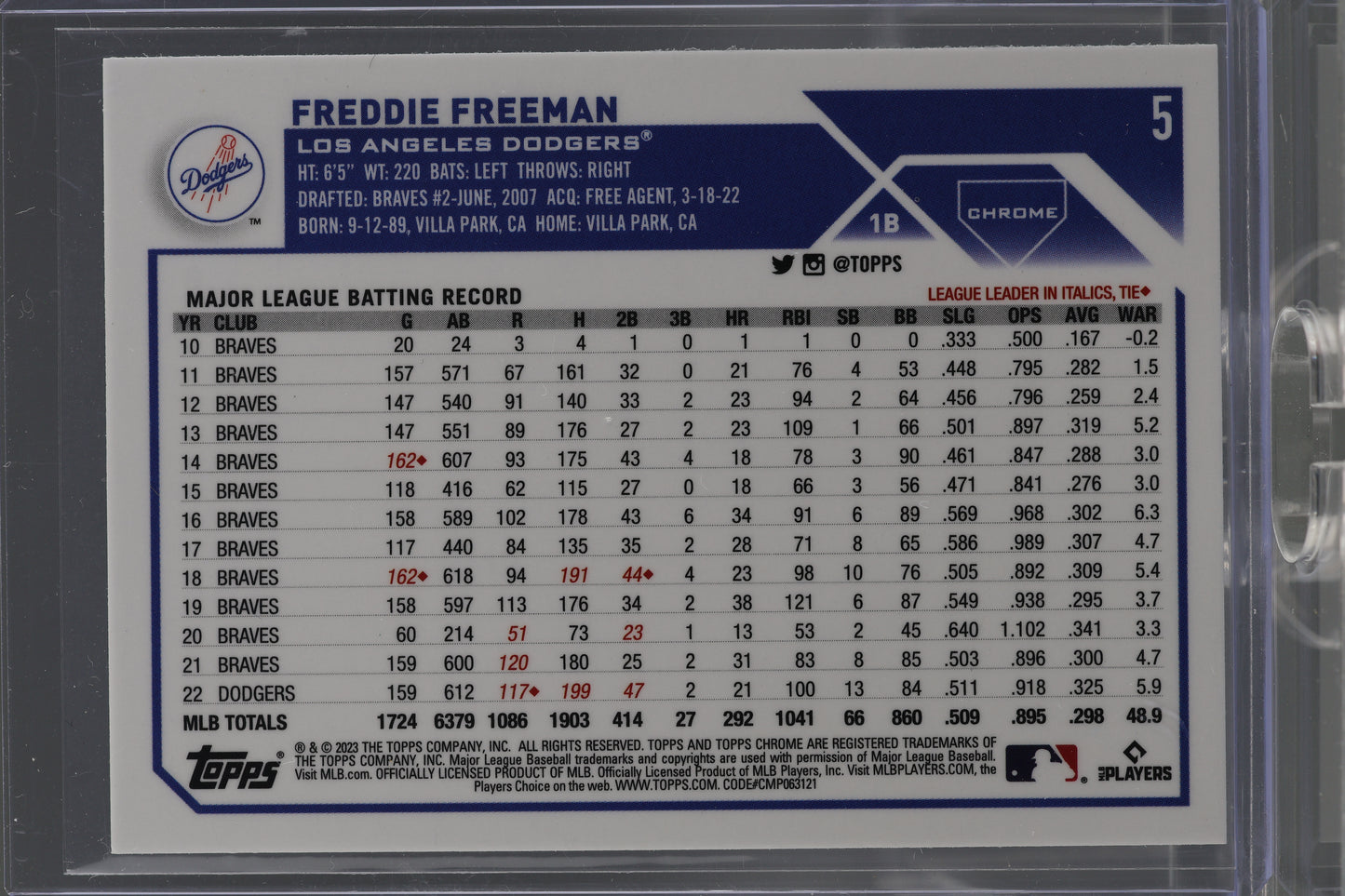 Freddie Freeman 2023 Topps Chrome  #5        Los Angeles Dodgers