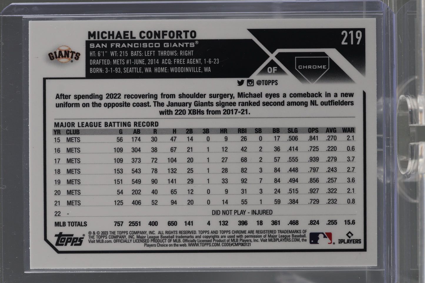 Michael Conforto 2023 Topps Chrome  #219        San Francisco Giants