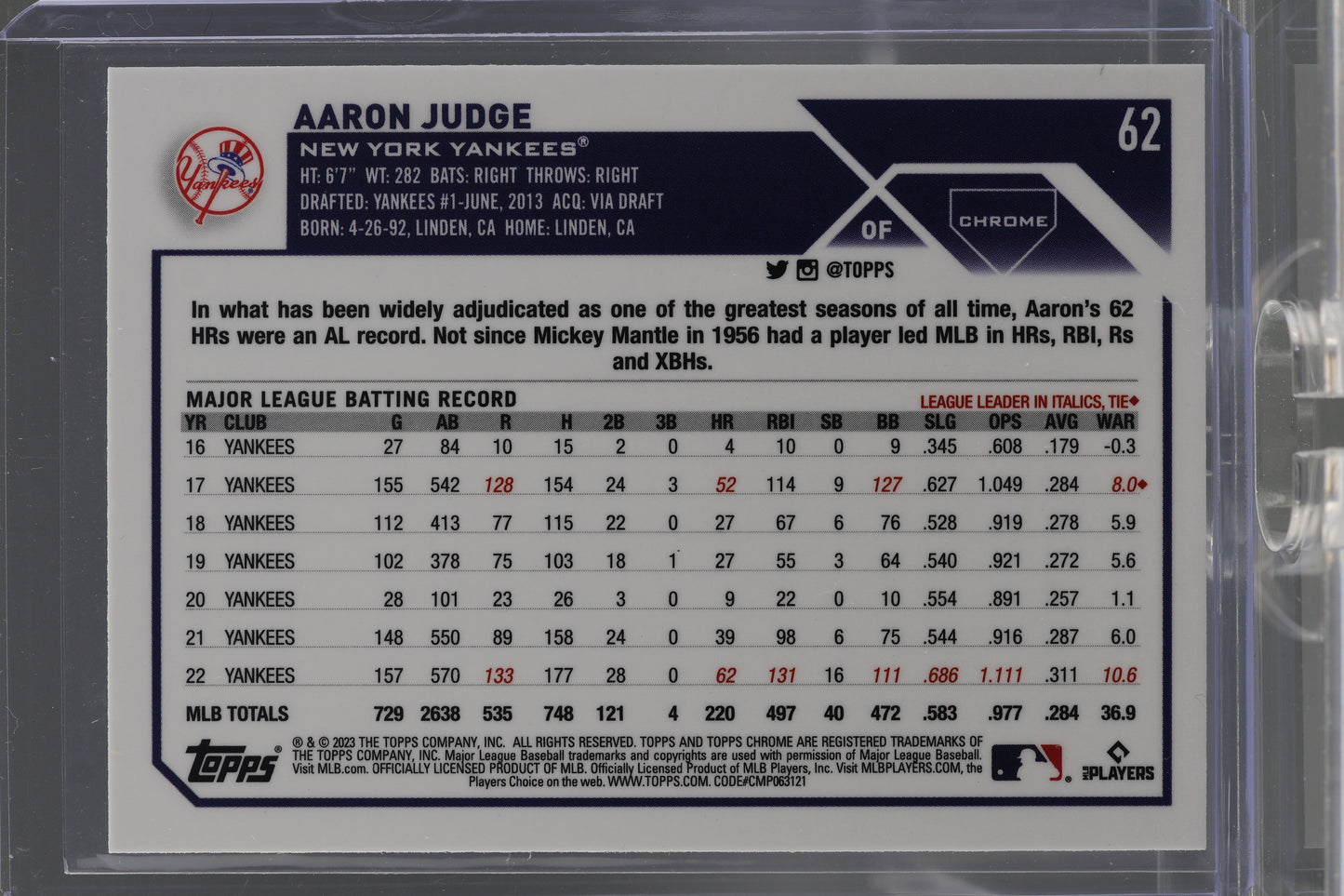 Aaron Judge 2023 Topps Chrome  #62        New York Yankees