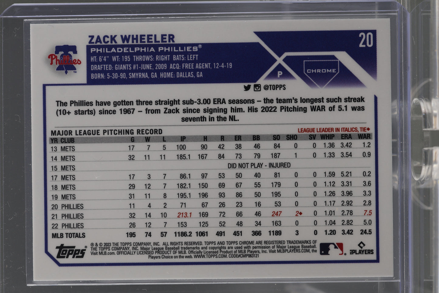 Zack Wheeler 2023 Topps Chrome  #20        Philadelphia Phillies