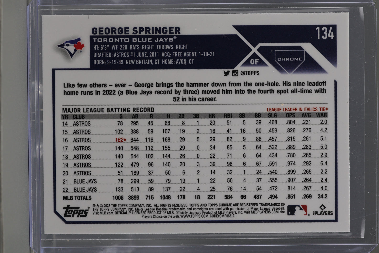 George Springer 2023 Topps Chrome X-Fractor Refractor #134        Toronto Blue Jays