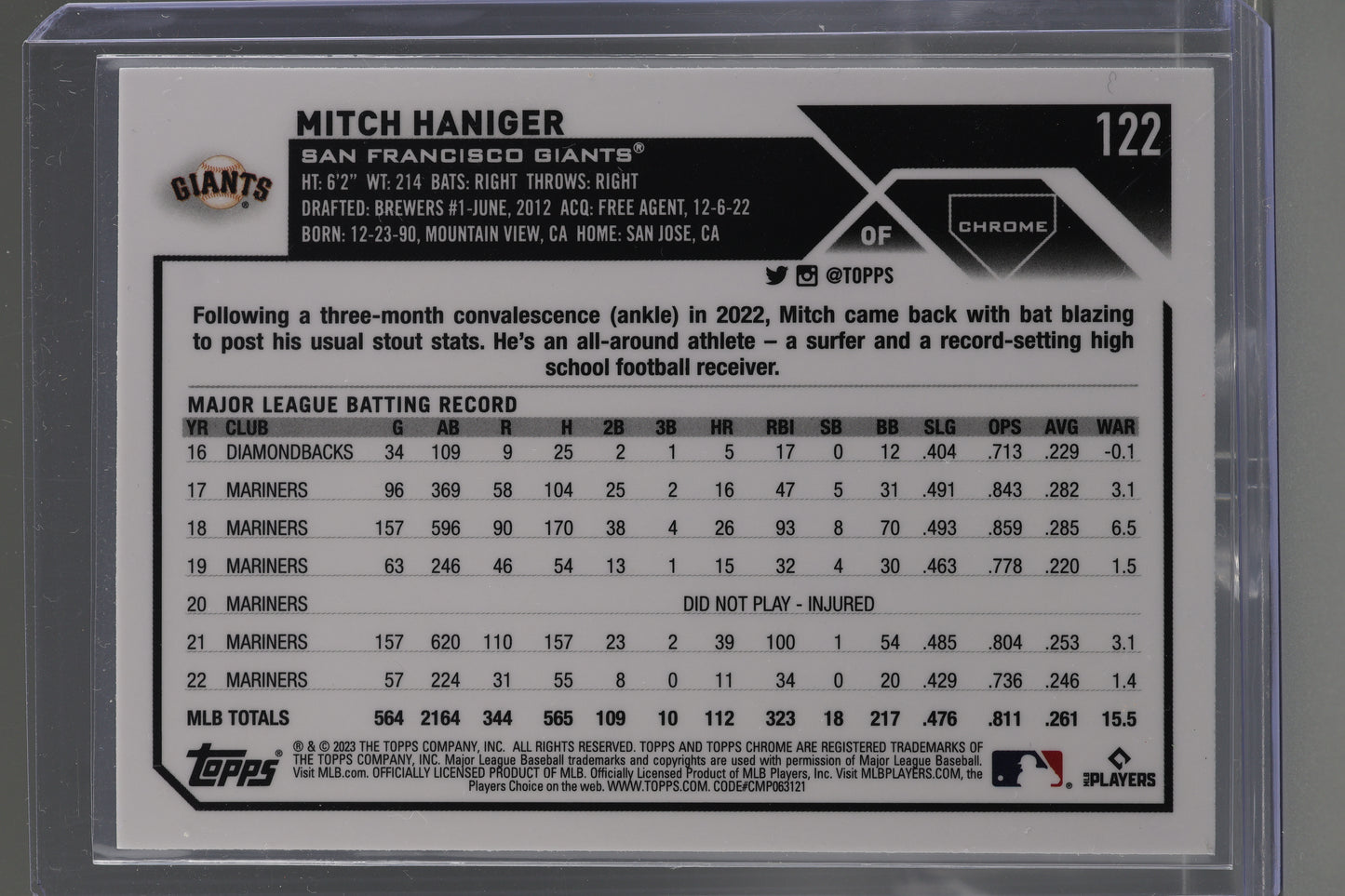 Mitch Haniger 2023 Topps Chrome X-Fractor Refractor #122        San Francisco Giants