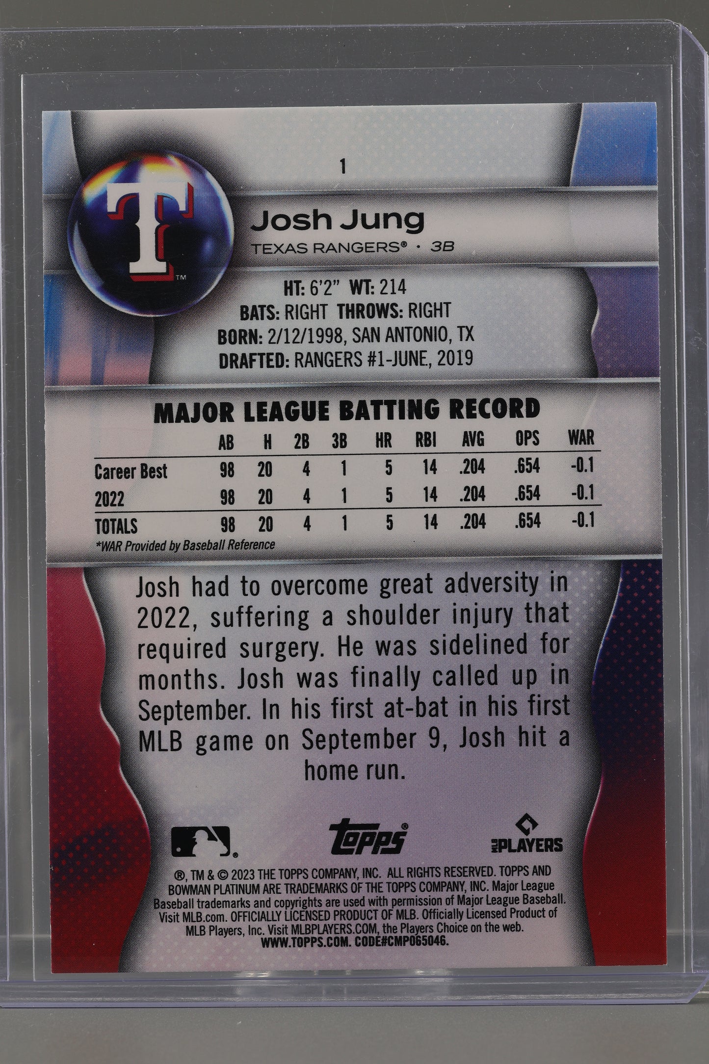 Josh Jung 2023 Bowman Platinum  #1   Surface Issue     Texas Rangers