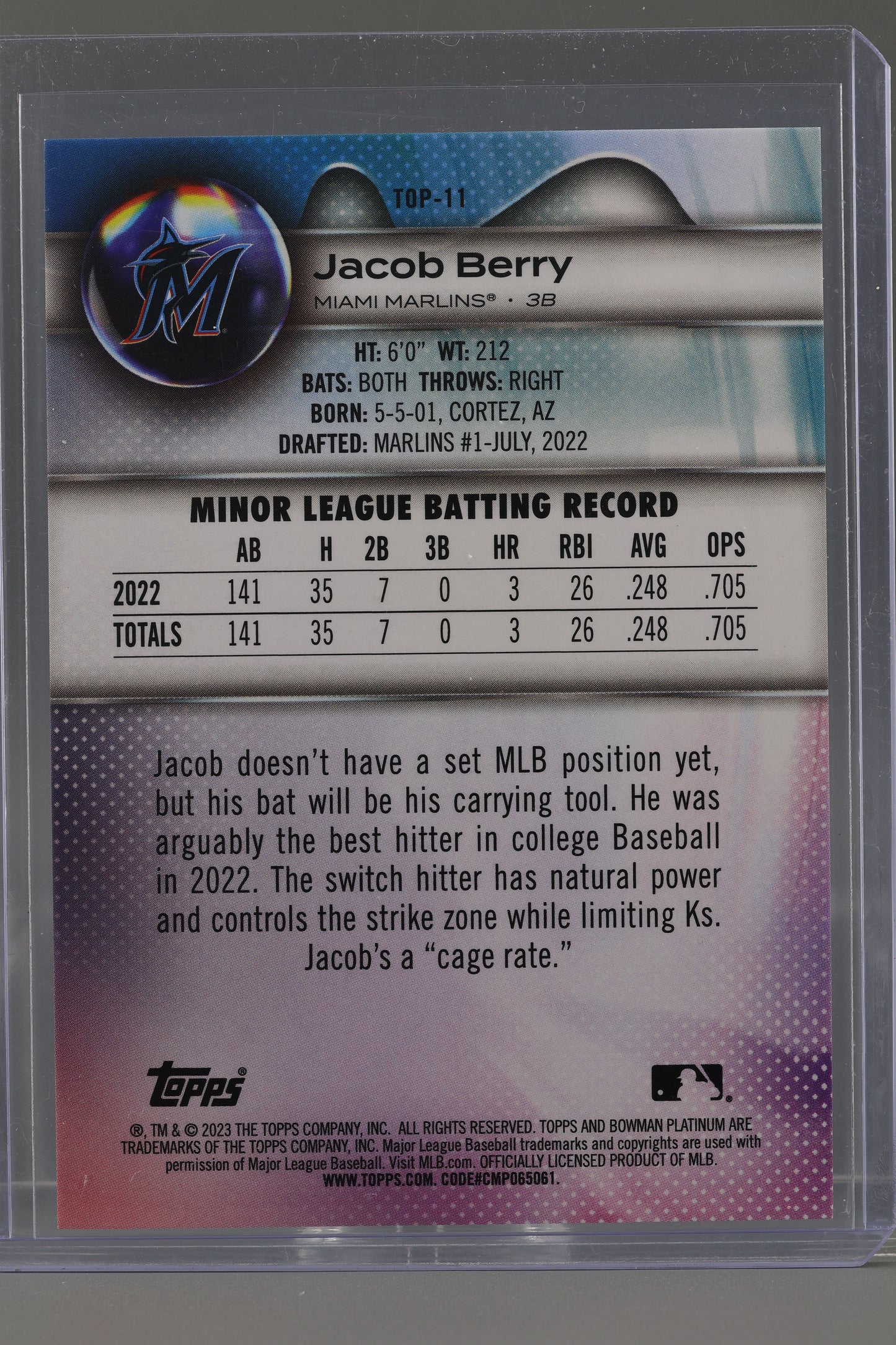 Jacob Berry 2023 Bowman Platinum  #TOP-11   Pink Ice /199    Miami Marlins