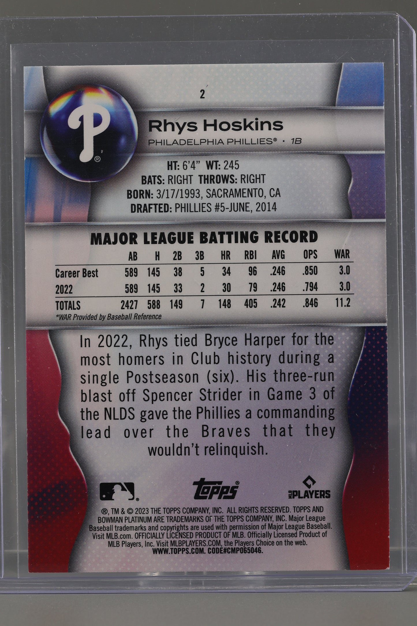 Rhys Hoskins 2023 Bowman Platinum  #2   Blue /150    Philadelphia Phillies