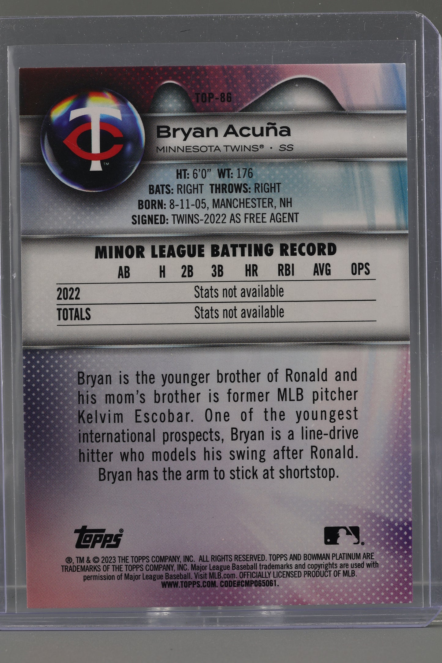 Bryan Acuña 2023 Bowman Platinum Top Prospects  #TOP-86   Blue /150    Minnesota Twins