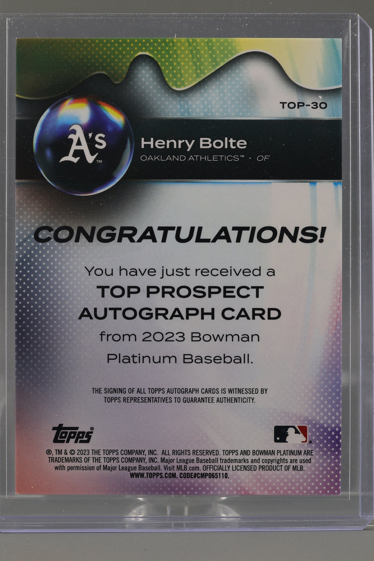 Henry Bolte 2023 Bowman Platinum Top Prospects Autographs  #TOP-30   Blue /150    Oakland Athletics