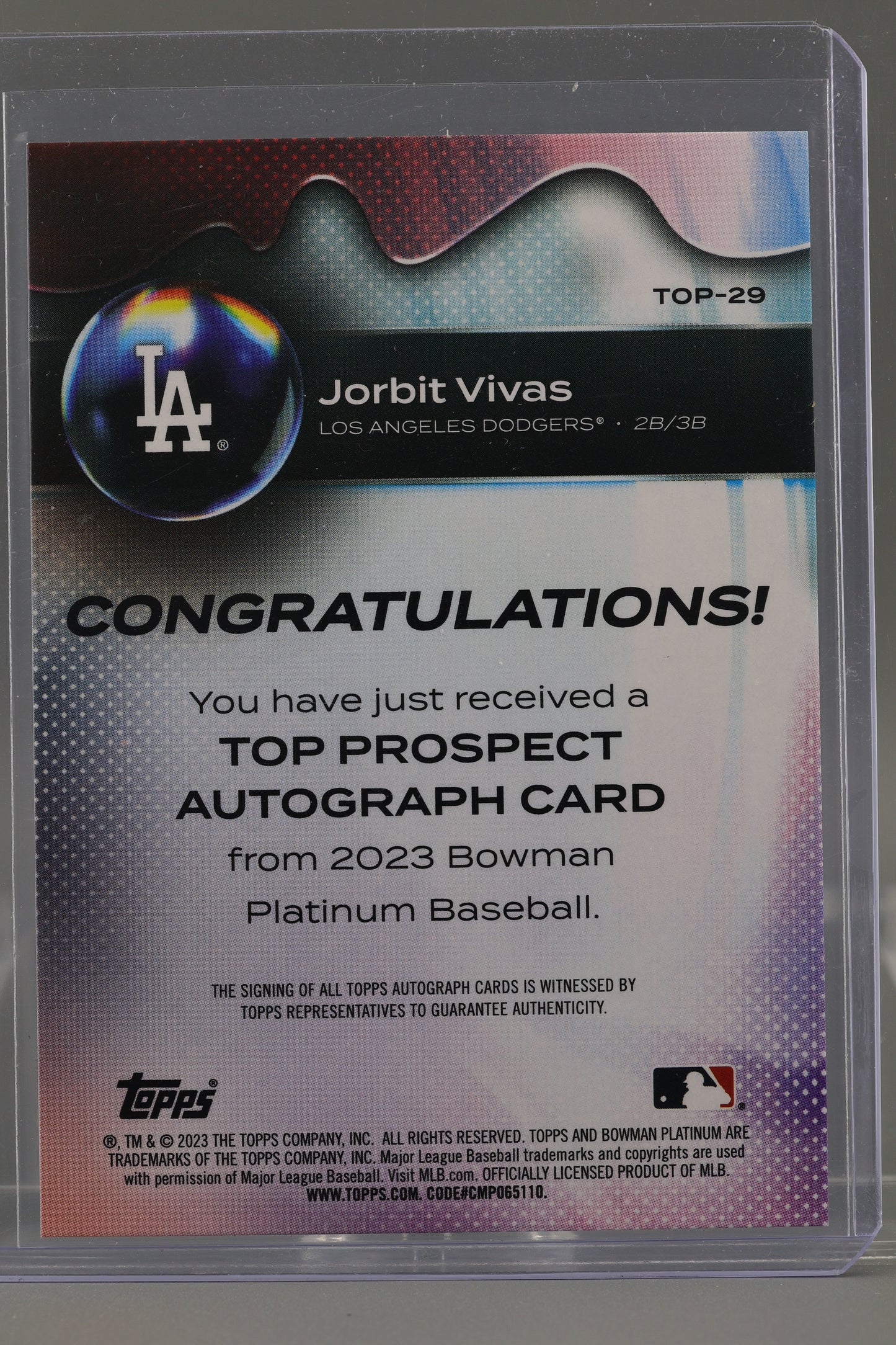 Jorbit Vivas 2023 Bowman Platinum Top Prospects Autographs  #TOP-29   NY Yankees     Los Angeles Dodgers