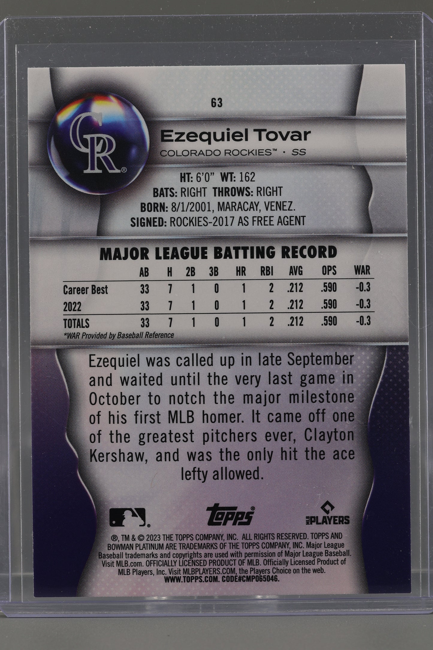 Ezequiel Tovar 2023 Bowman Platinum  #63        Colorado Rockies