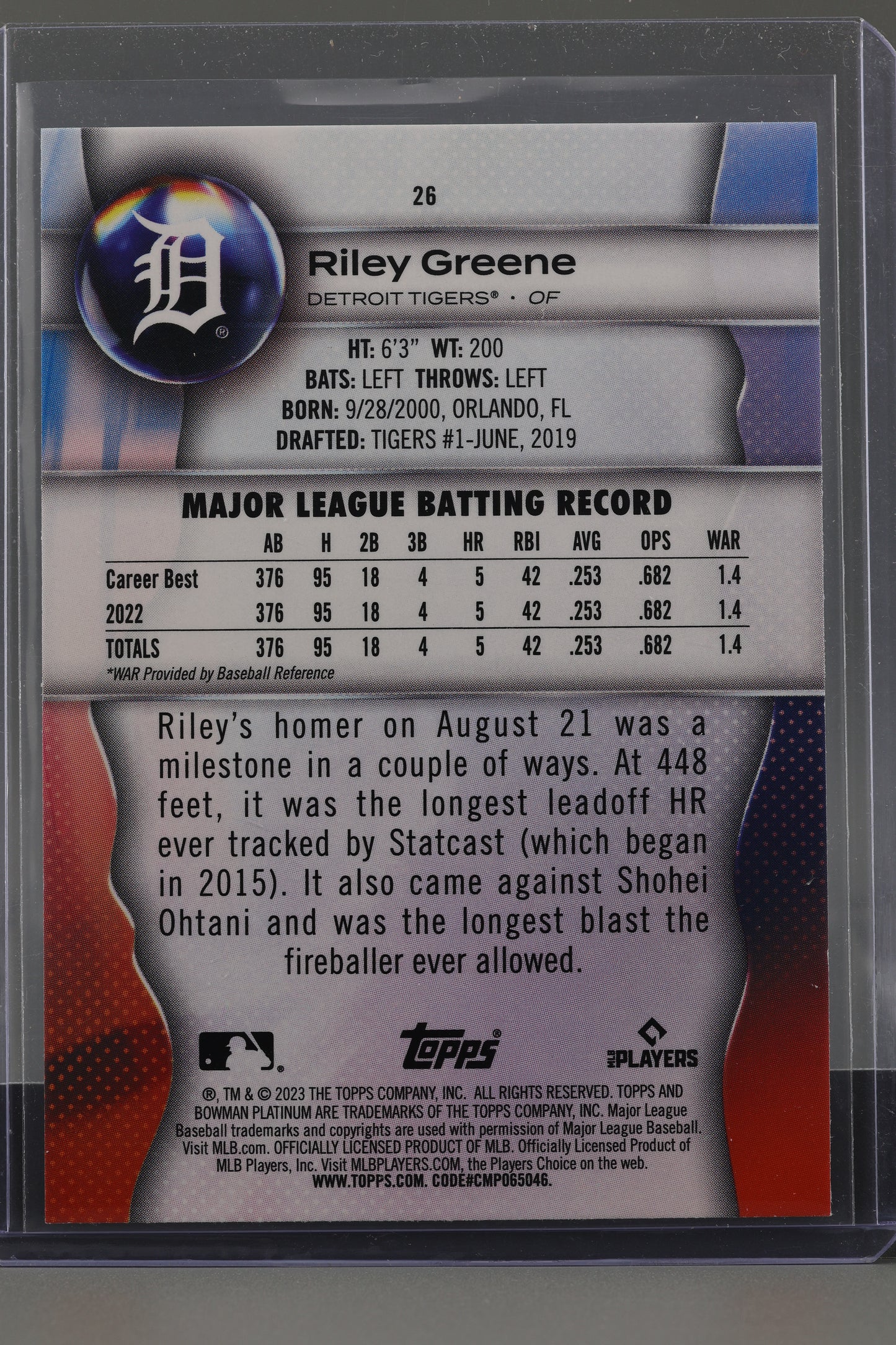 Riley Greene 2023 Bowman Platinum  #26       Rookie Card RC Detroit Tigers