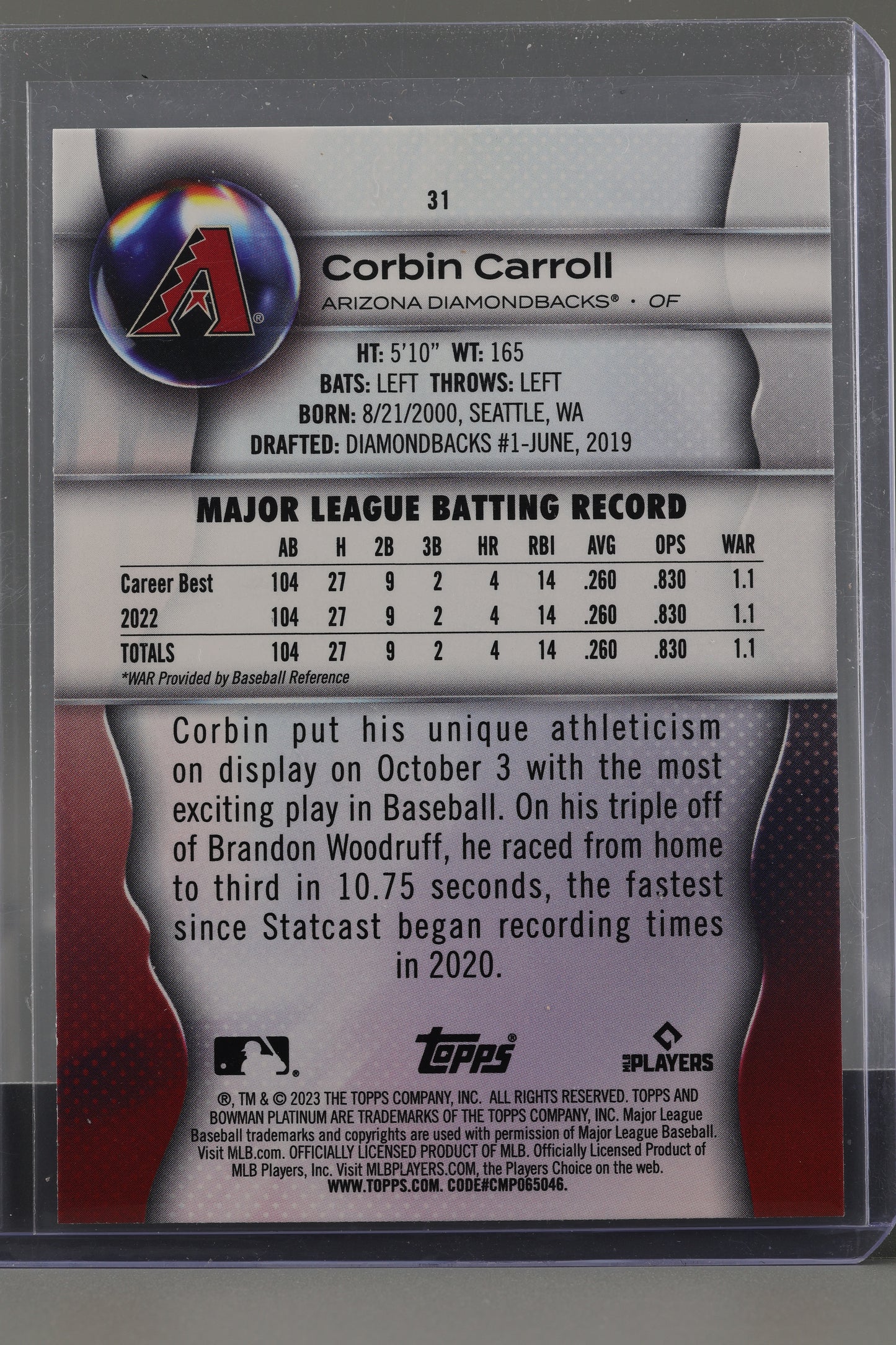 Corbin Carroll 2023 Bowman Platinum  #31       Rookie Card RC Arizona Diamondbacks