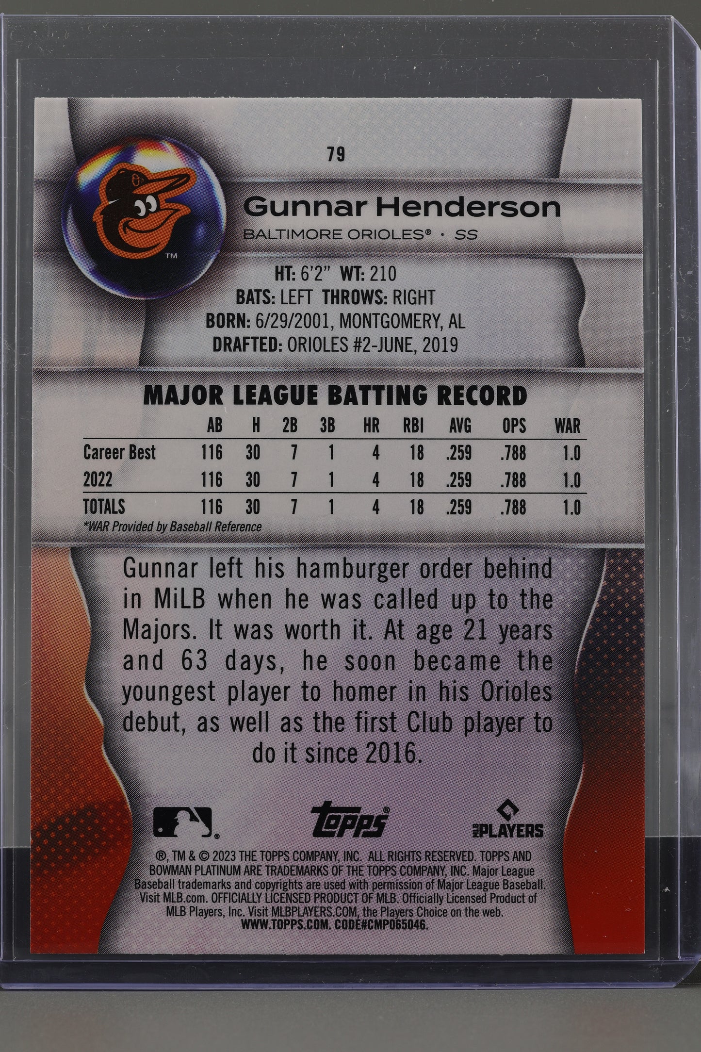 Gunnar Henderson 2023 Bowman Platinum  #79       Rookie Card RC Baltimore Orioles