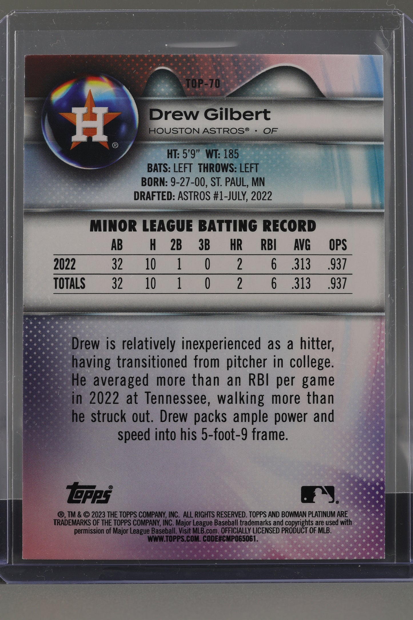 Drew Gilbert 2023 Bowman Platinum Top Prospects  #TOP-70        Houston Astros