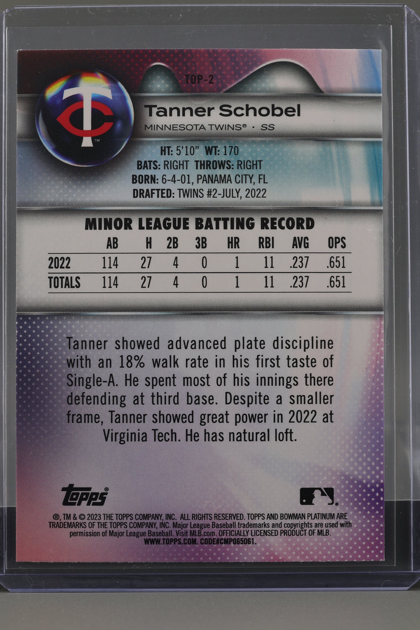 Tanner Schobel 2023 Bowman Platinum Top Prospects  #TOP-2        Minnesota Twins