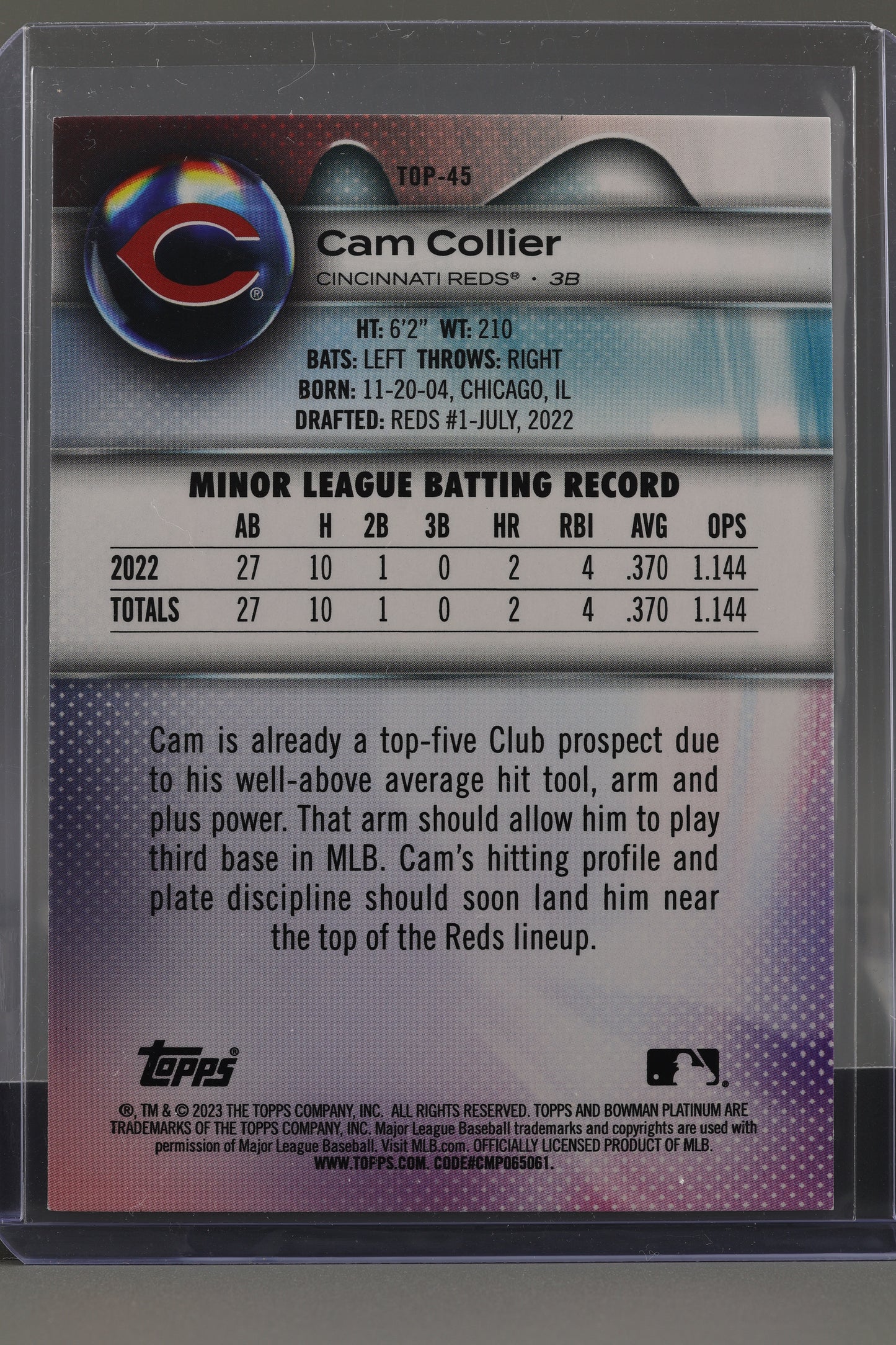 Cam Collier 2023 Bowman Platinum Top Prospects  #TOP-45        Cincinnati Reds