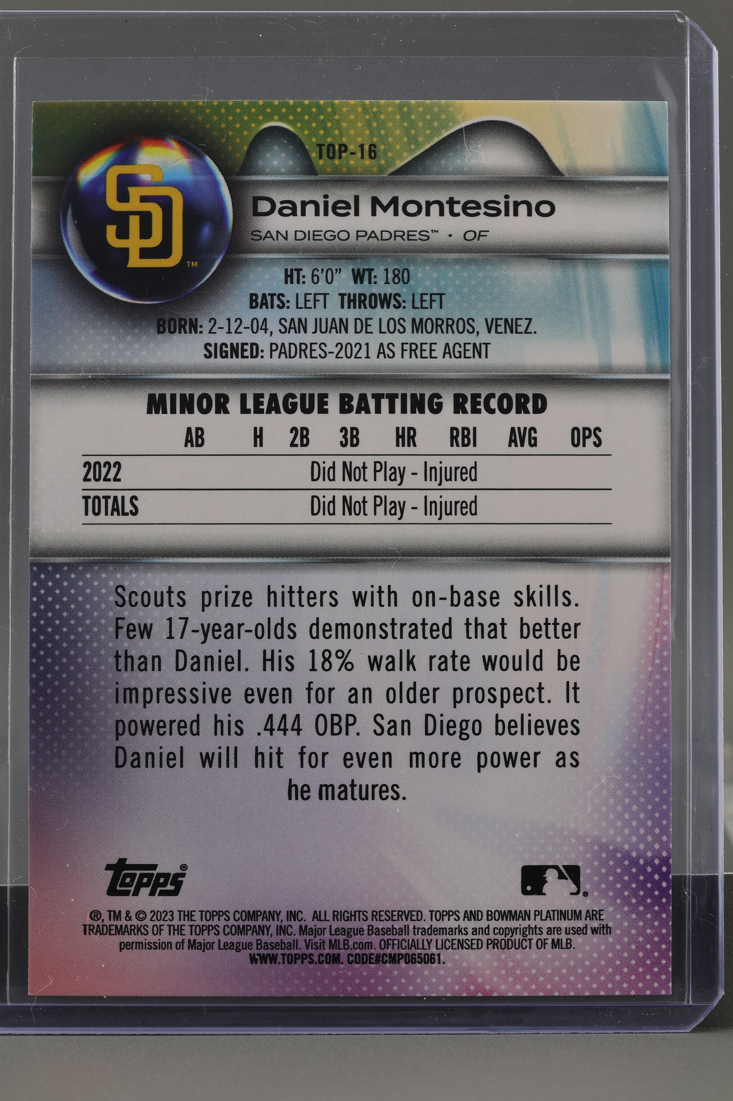 Daniel Montesino 2023 Bowman Platinum Top Prospects  #TOP-16        San Diego Padres