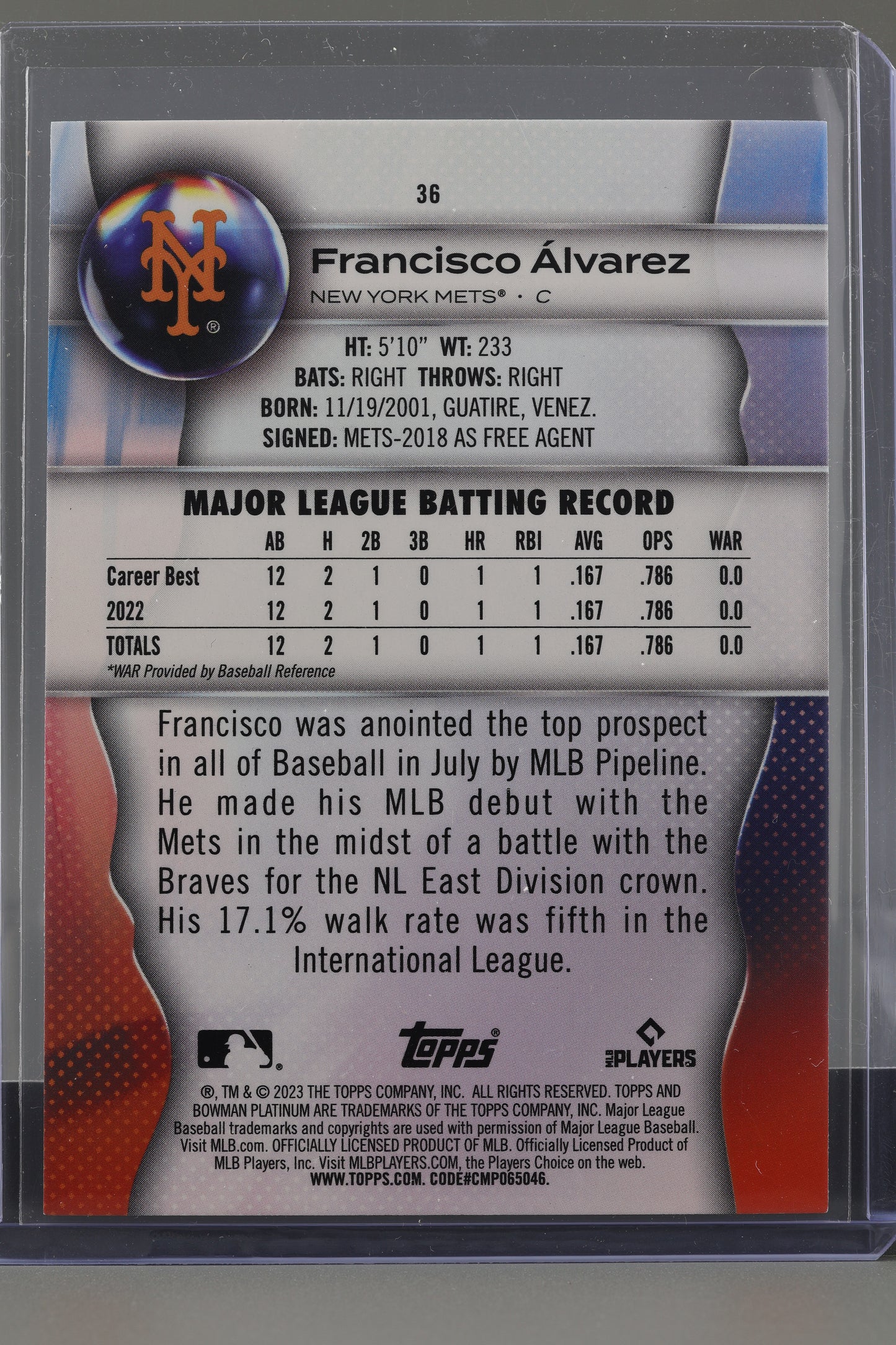 Francisco Álvarez 2023 Bowman Platinum  #36       Rookie Card RC New York Mets