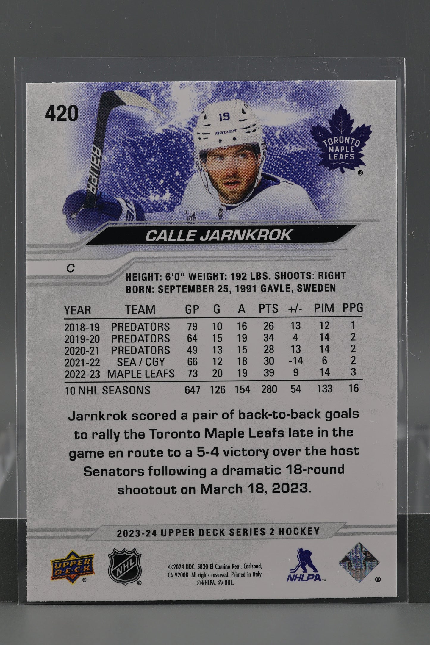 Calle Jarnkrok 2023 Upper Deck Series Two #420        Toronto Maple Leafs