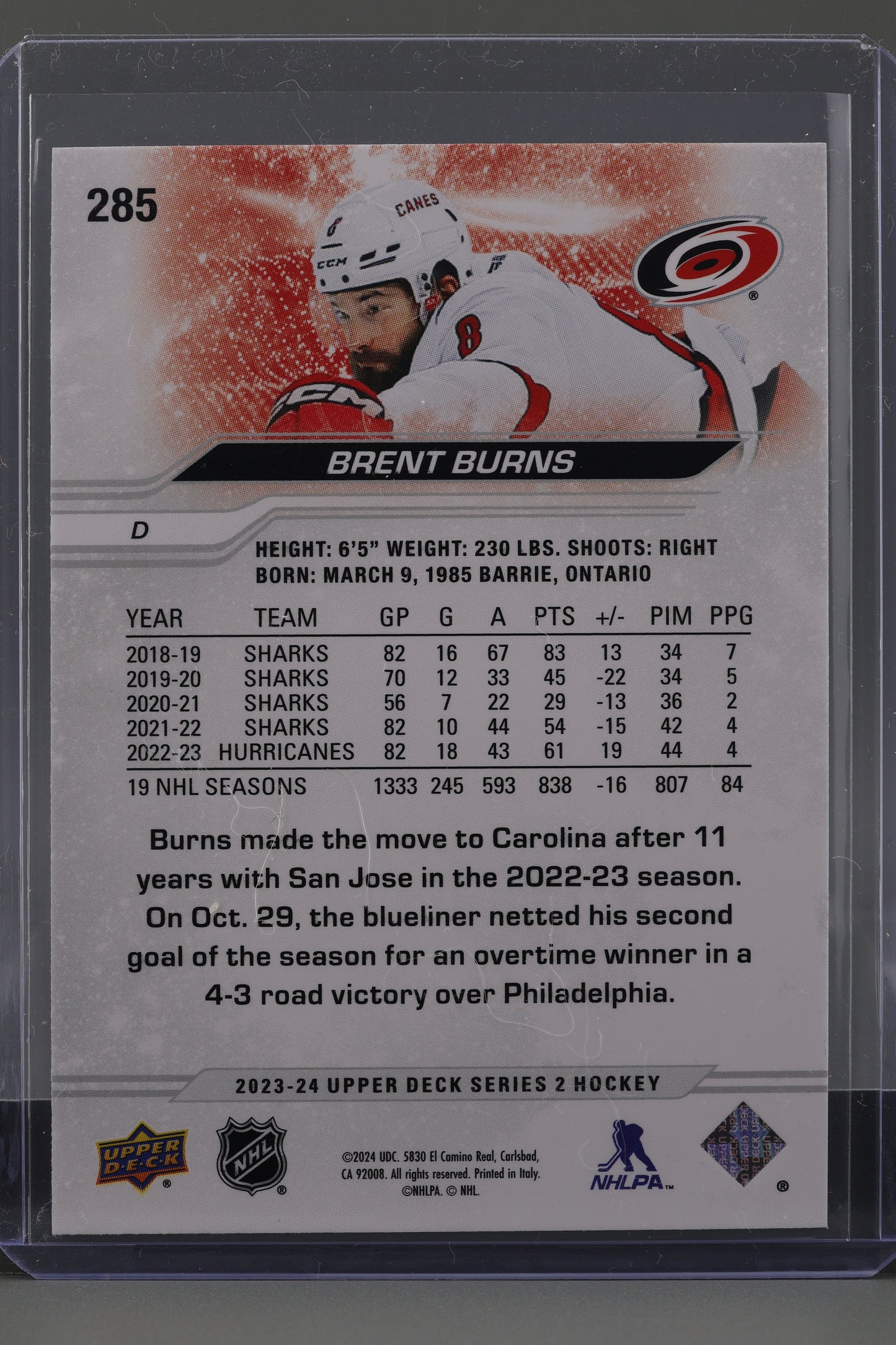 Brent Burns 2023 Upper Deck Series Two #285        Carolina Hurricanes