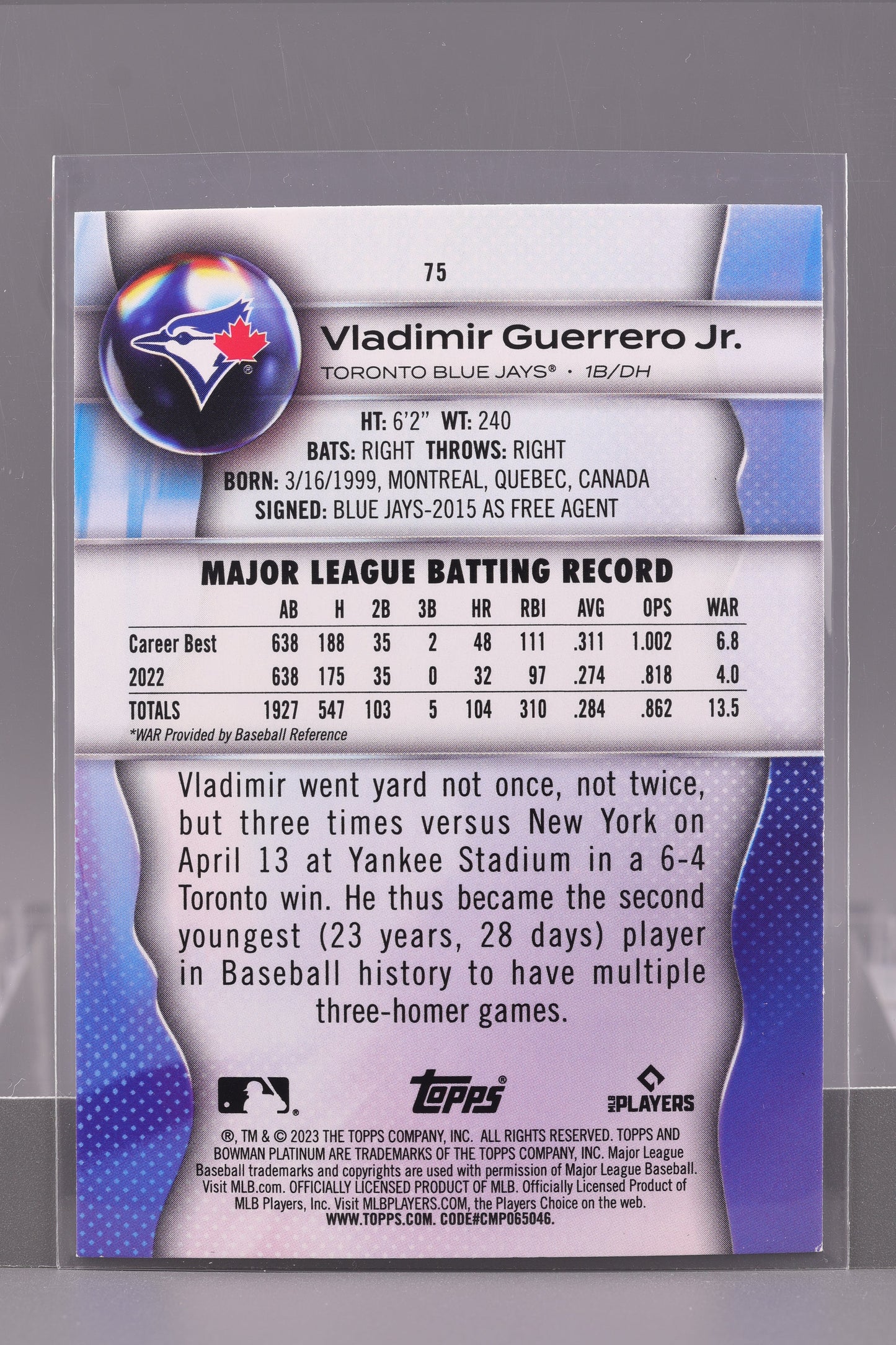 Vladimir Guerrero Jr. 2023 Bowman Platinum  #75        Toronto Blue Jays