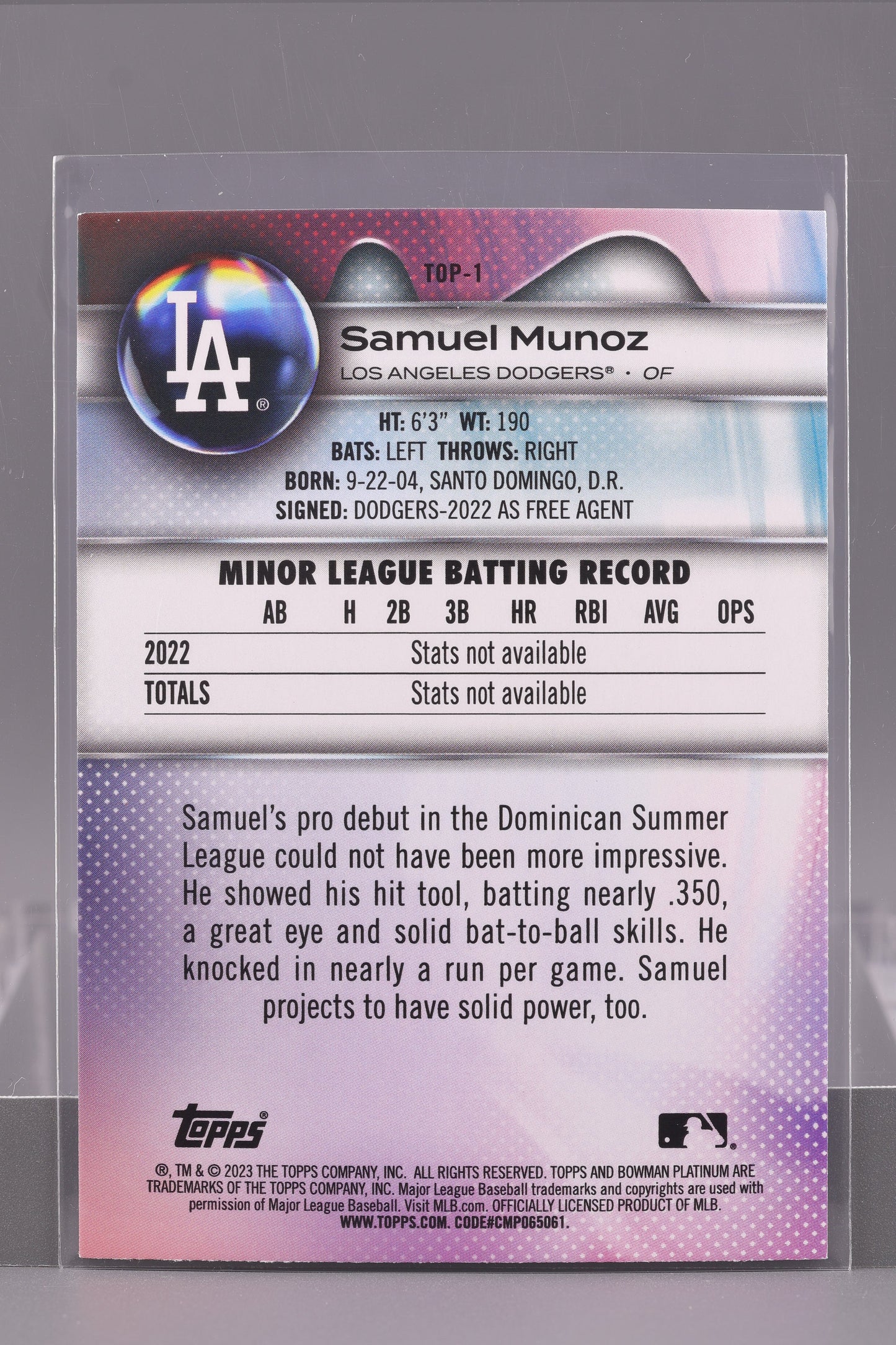 Samuel Munoz 2023 Bowman Platinum Top Prospects  #TOP-1        Los Angeles Dodgers