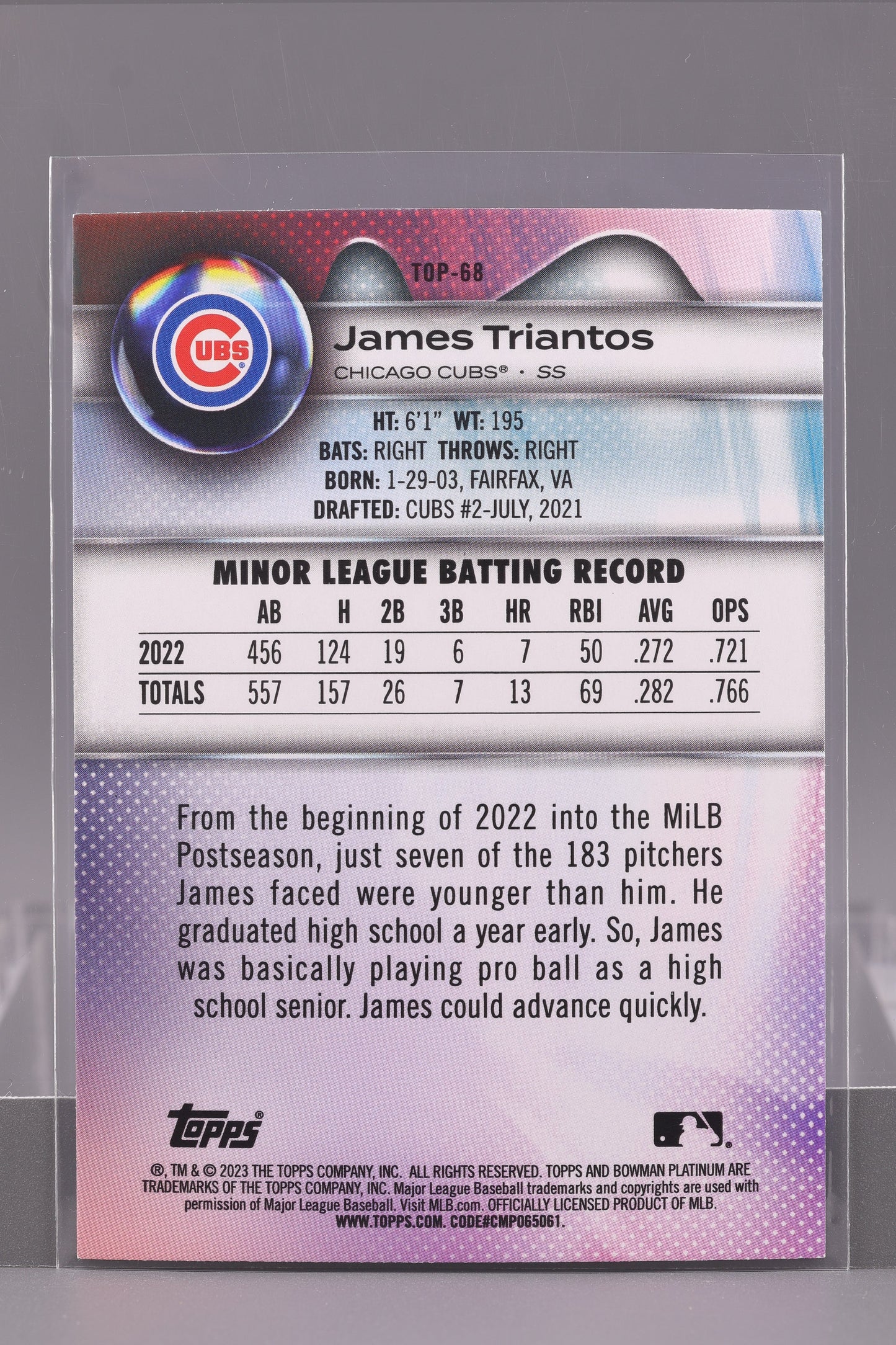 James Triantos 2023 Bowman Platinum Top Prospects  #TOP-68        Chicago Cubs