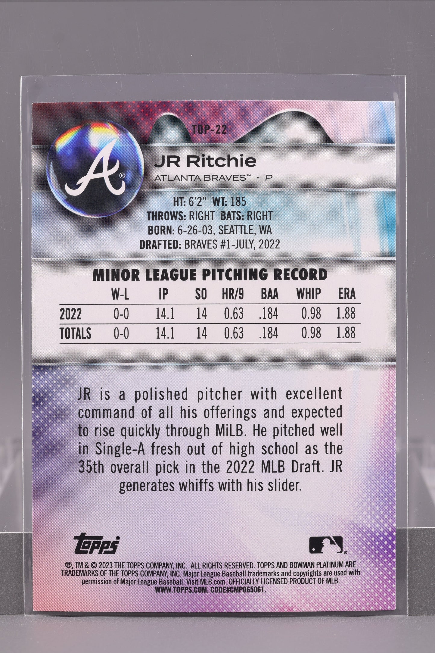 JR Ritchie 2023 Bowman Platinum Top Prospects  #TOP-22        Atlanta Braves