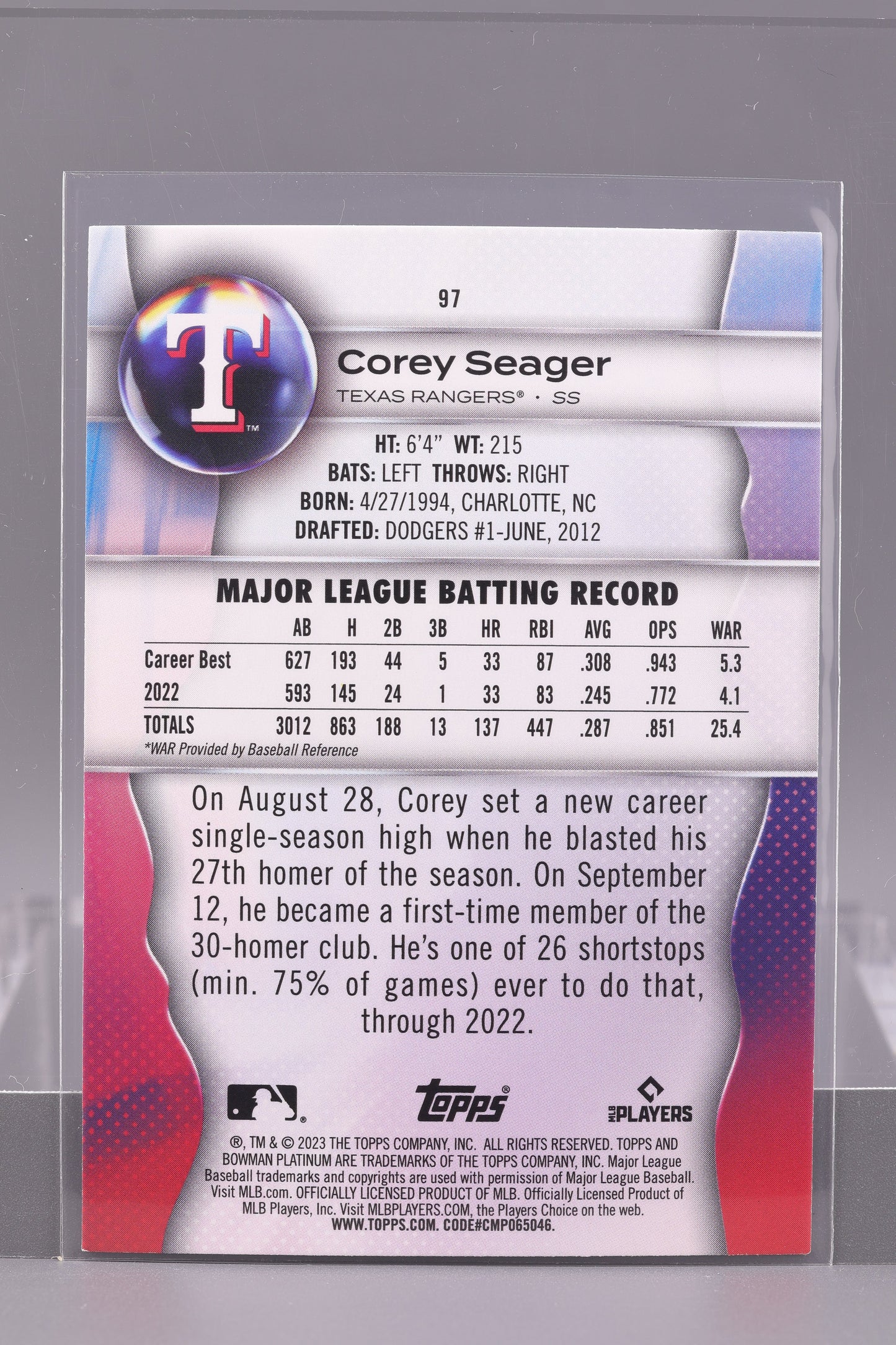 Corey Seager 2023 Bowman Platinum #97         Texas Rangers