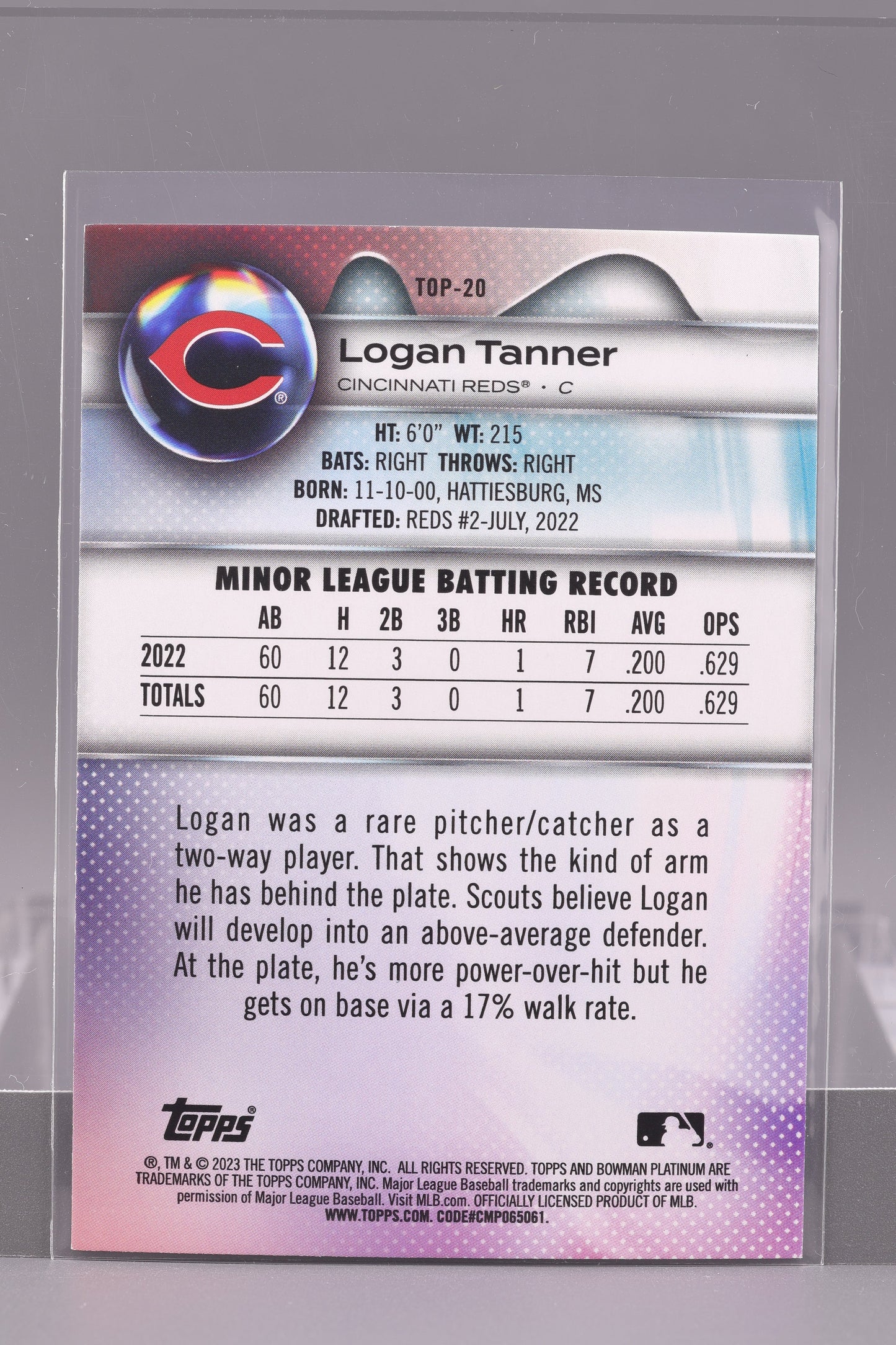 Logan Tanner 2023 Bowman Platinum #TOP-20 Top Prospects        Cincinnati Reds