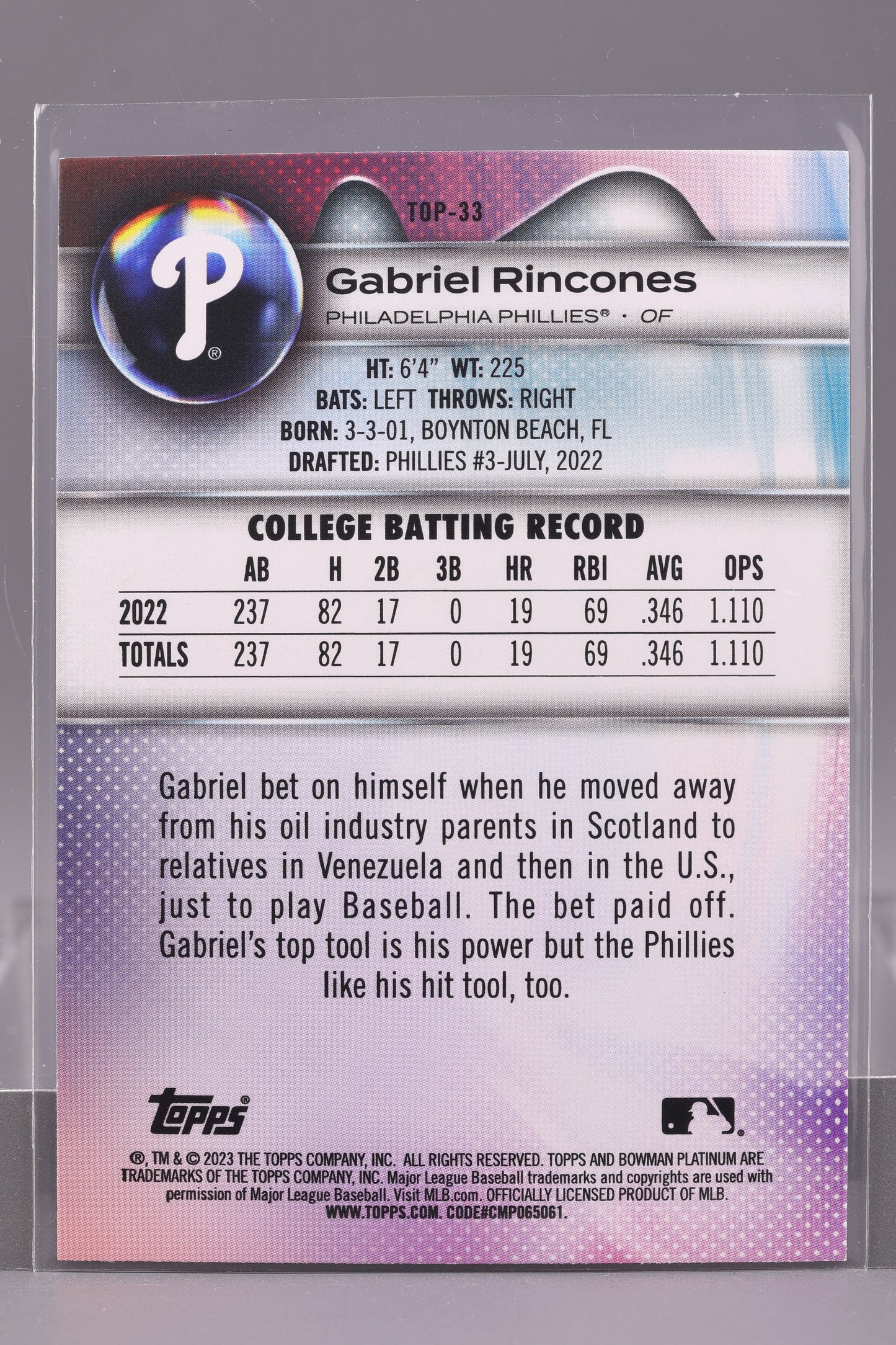 Gabriel Rincones 2023 Bowman Platinum #TOP-33 Top Prospects        Philadelphia Phillies