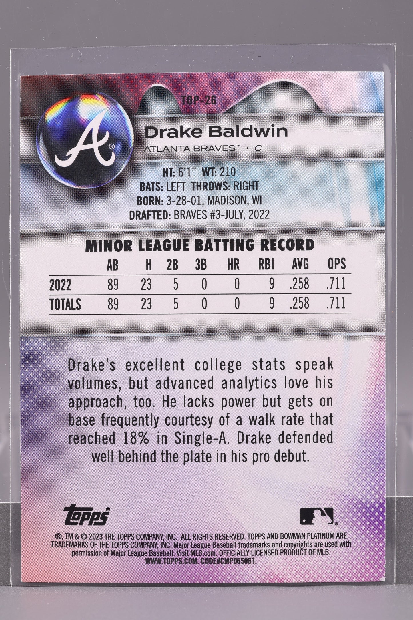 Drake Baldwin 2023 Bowman Platinum #TOP-26 Top Prospects        Atlanta Braves