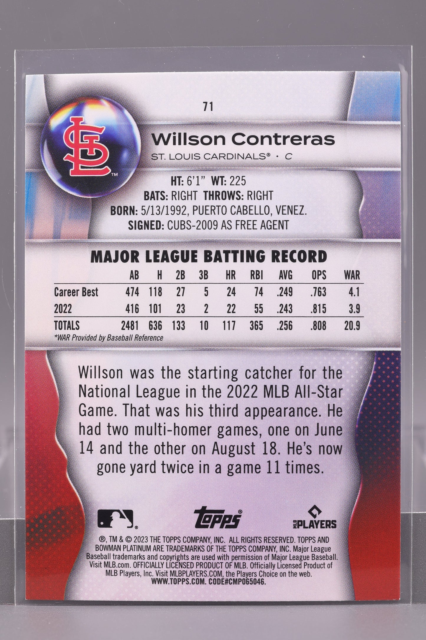 Willson Contreras 2023 Bowman Platinum #71         St. Louis Cardinals