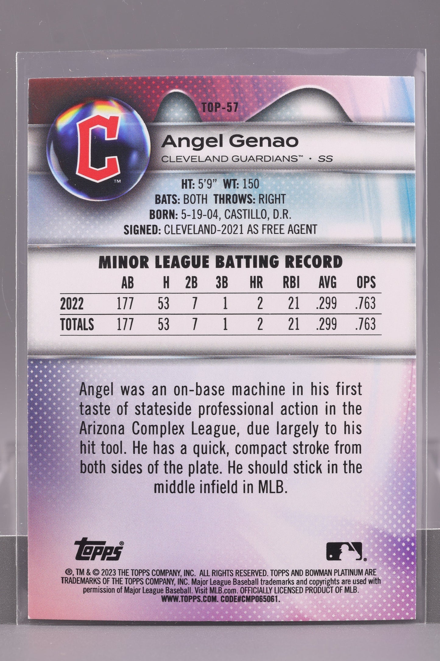 Angel Genao 2023 Bowman Platinum #TOP-57 Top Prospects        Cleveland Guardians