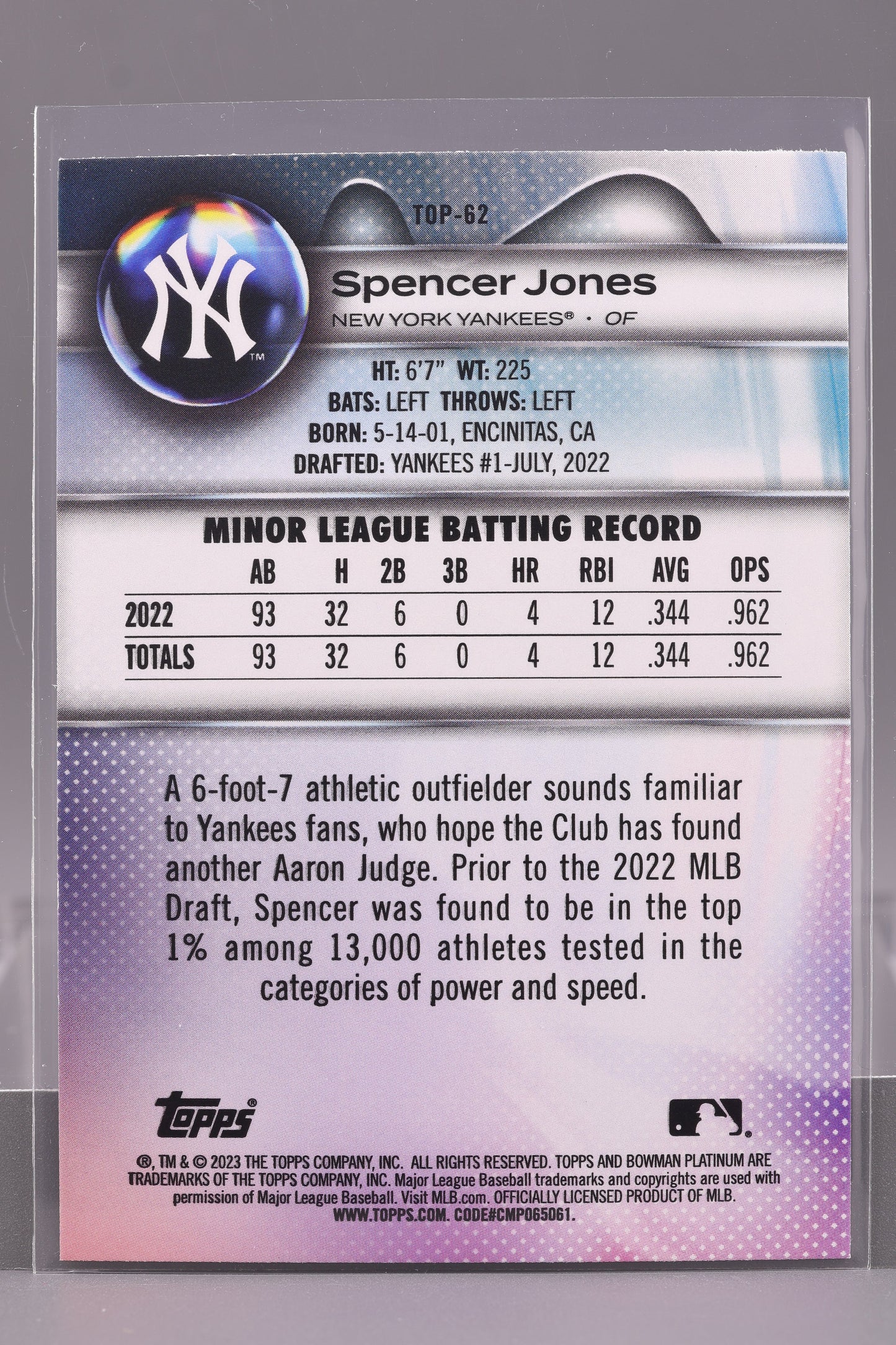 Spencer Jones 2023 Bowman Platinum #TOP-62 Top Prospects        New York Yankees