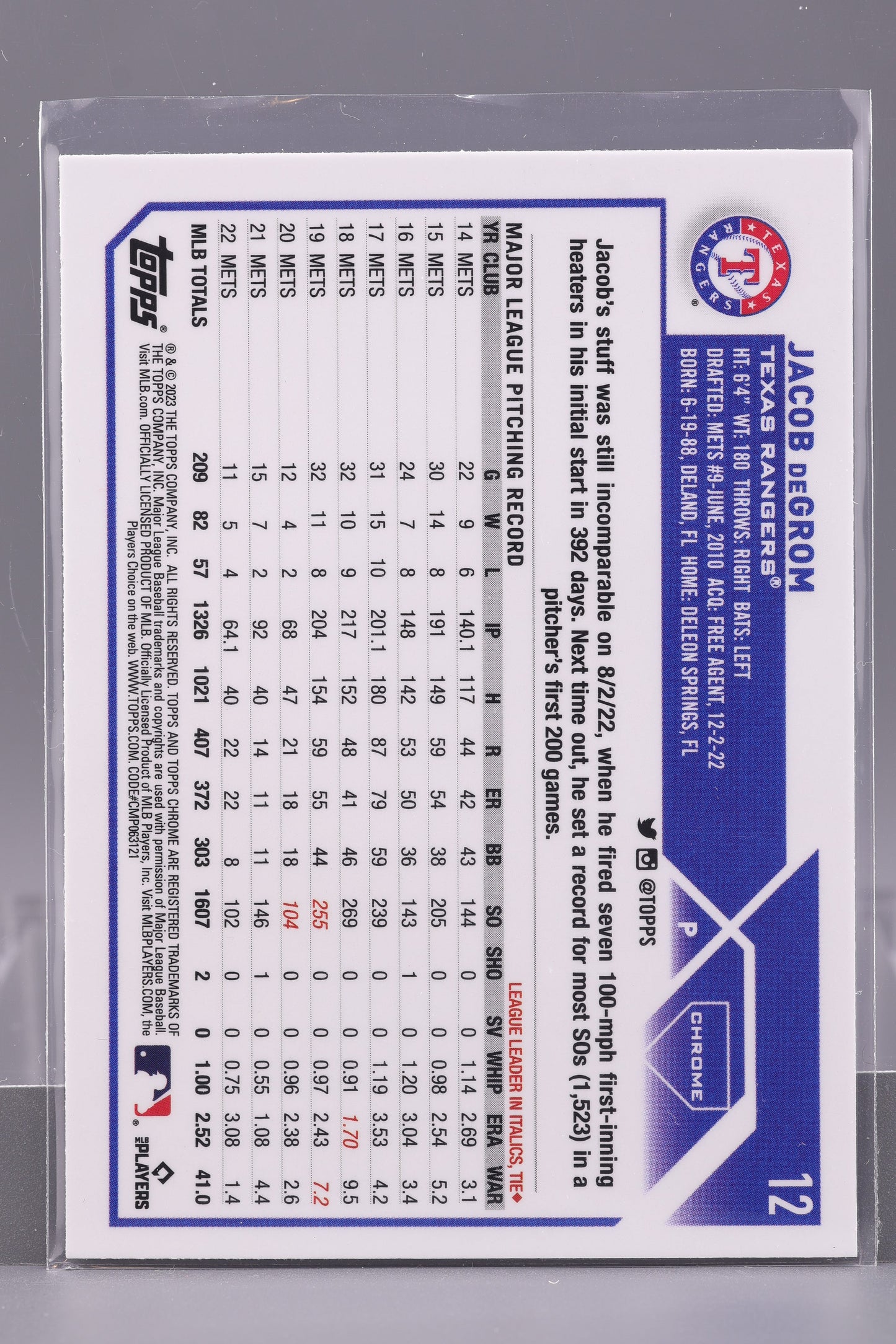 Jacob deGrom 2023 Topps Chrome #12         Texas Rangers