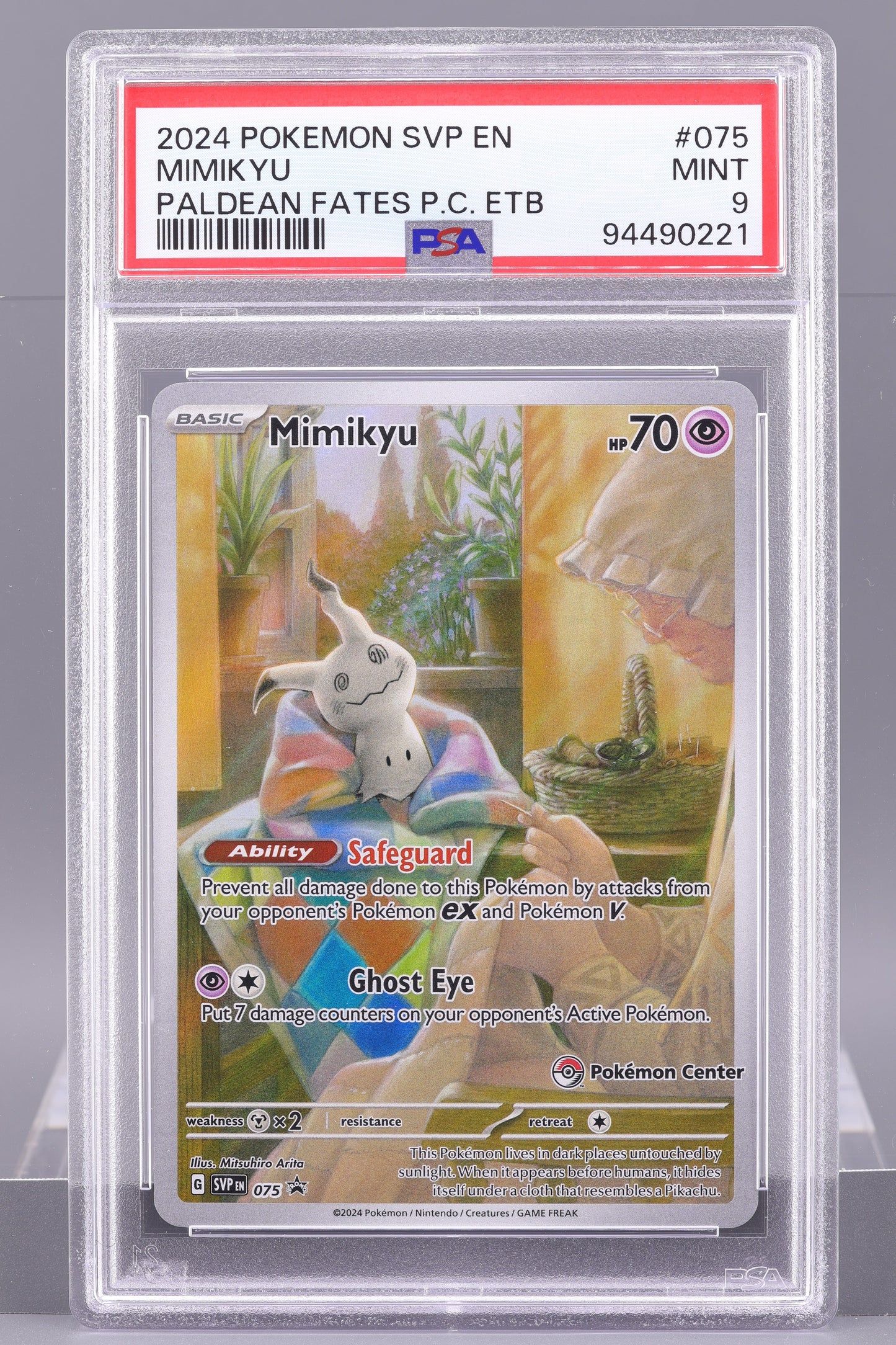 Mimikyu 2024 Paldean Fates Pokemon Center ETB  #75    PSA 9   Black Star Promo