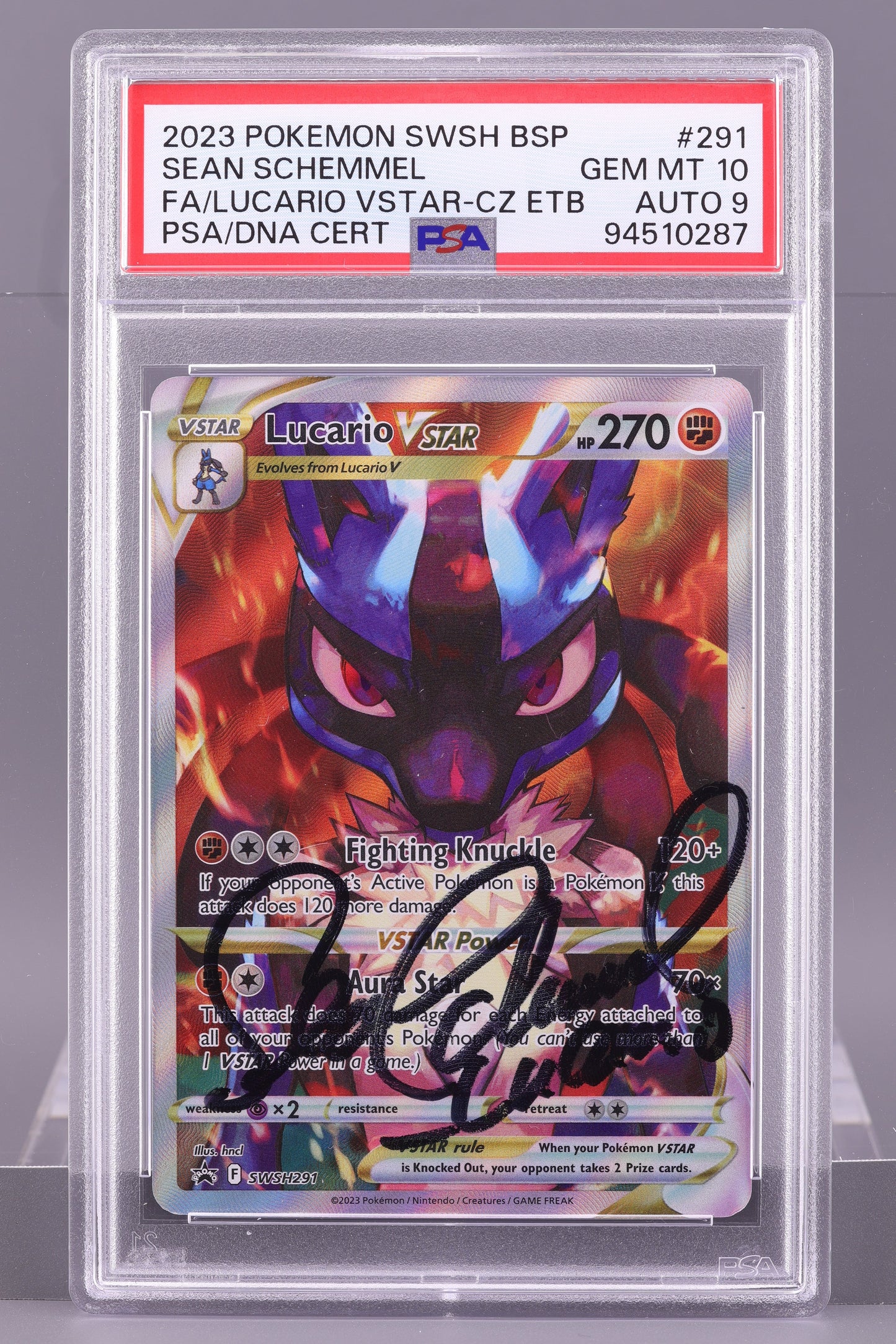 Lucario VSTAR 2023 Black Star Promo  #291  Signed by Sean Schemmel PSA 10  AUTO 9