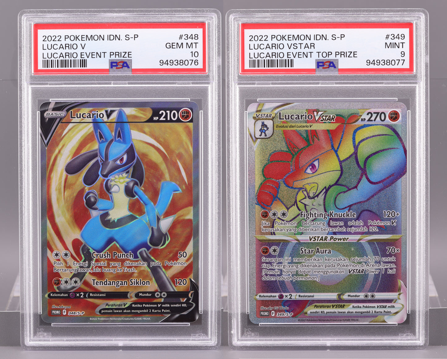 Lucario V & Lucario VSTAR 2022 Indonesian Event Prize Sequential Set  #348/349    PSA 10/9