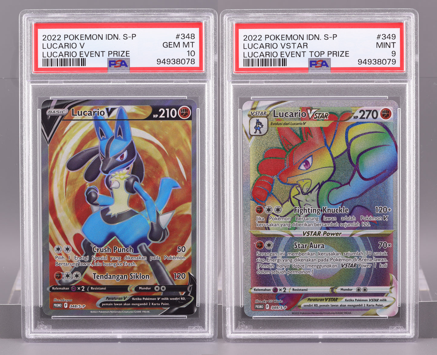 Lucario V & Lucario VSTAR 2022 Indonesian Event Prize Sequential Set  #348/349    PSA 10/9