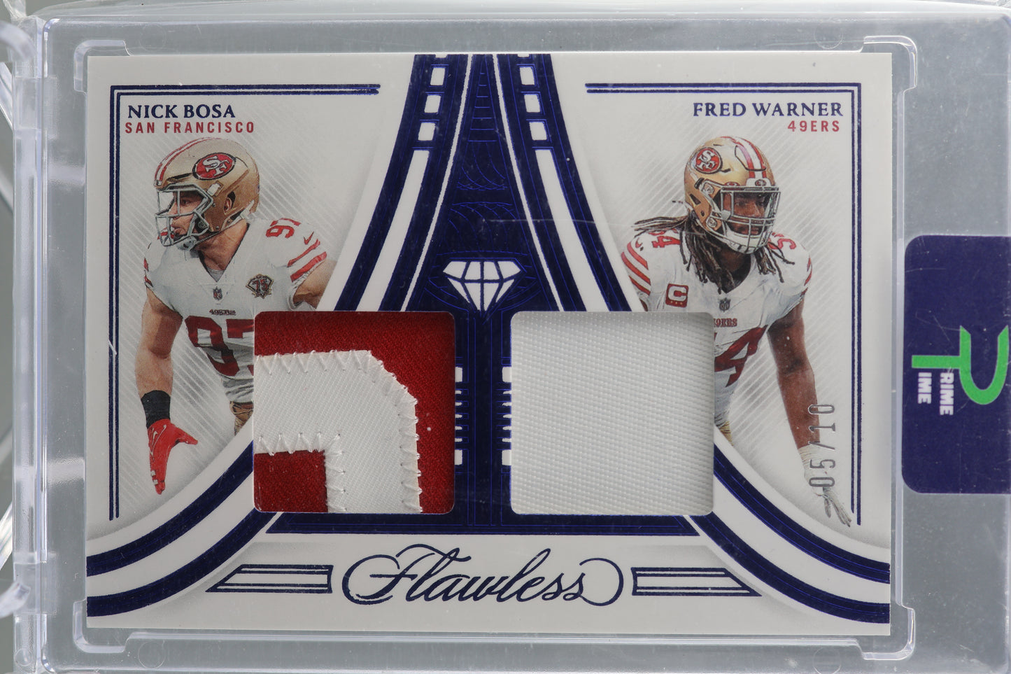 Nick Bosa and Fred Warner 2022 Panini Flawless #DDM-BO Dual Patch Sapphire /10 San Francisco 49ers