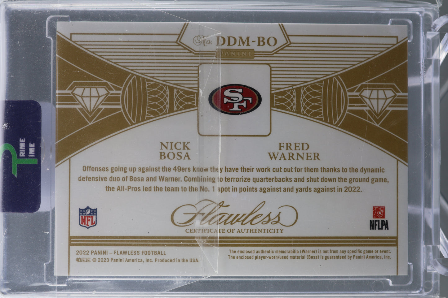 Nick Bosa and Fred Warner 2022 Panini Flawless #DDM-BO Dual Patch Sapphire /10 San Francisco 49ers