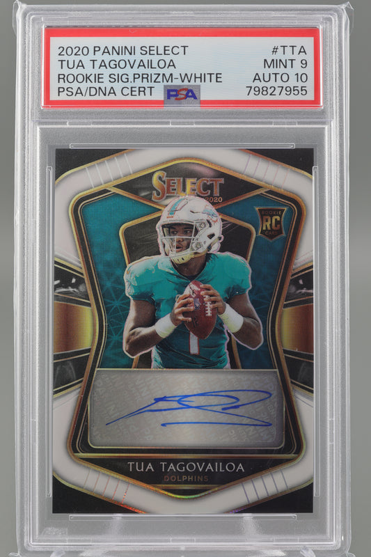 Tua Tagovailoa 2020 Panini Select #TTA Rookie Auto Prizm White /15 PSA 9/Auto 10 RC Miami Dolphins