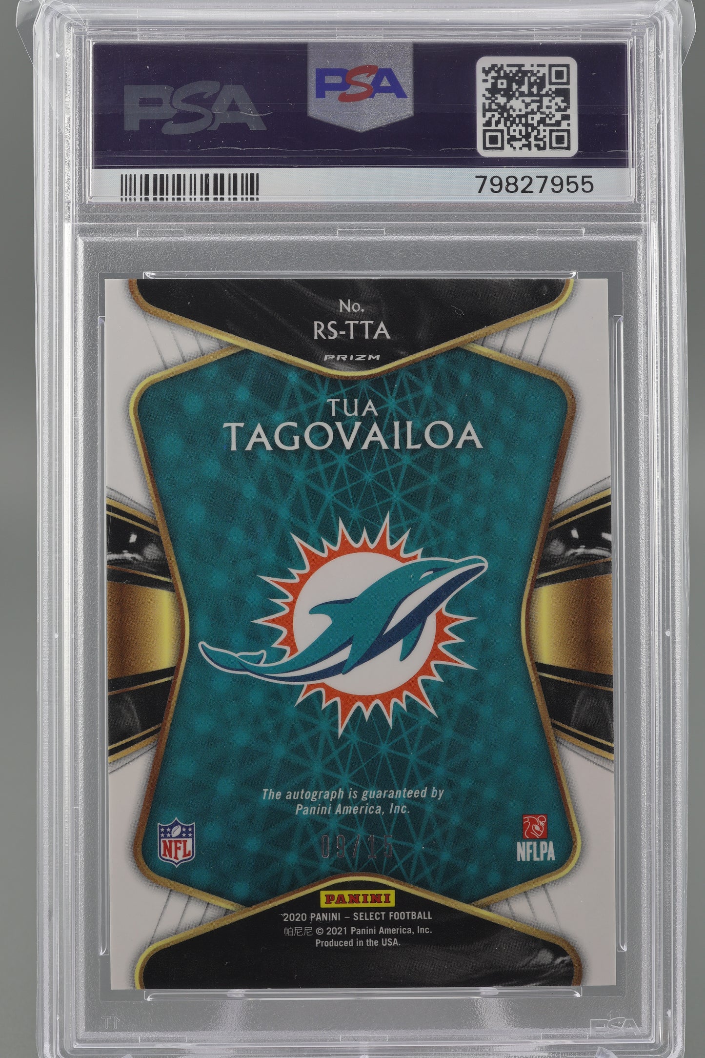 Tua Tagovailoa 2020 Panini Select #TTA Rookie Auto Prizm White /15 PSA 9/Auto 10 RC Miami Dolphins