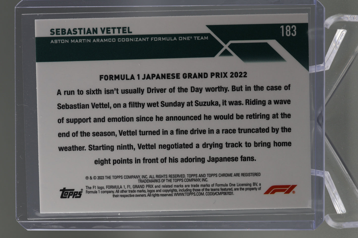 Sebastian Vettel 2023 Topps Chrome Formula 1 #183 Car DOTD Japan 2022